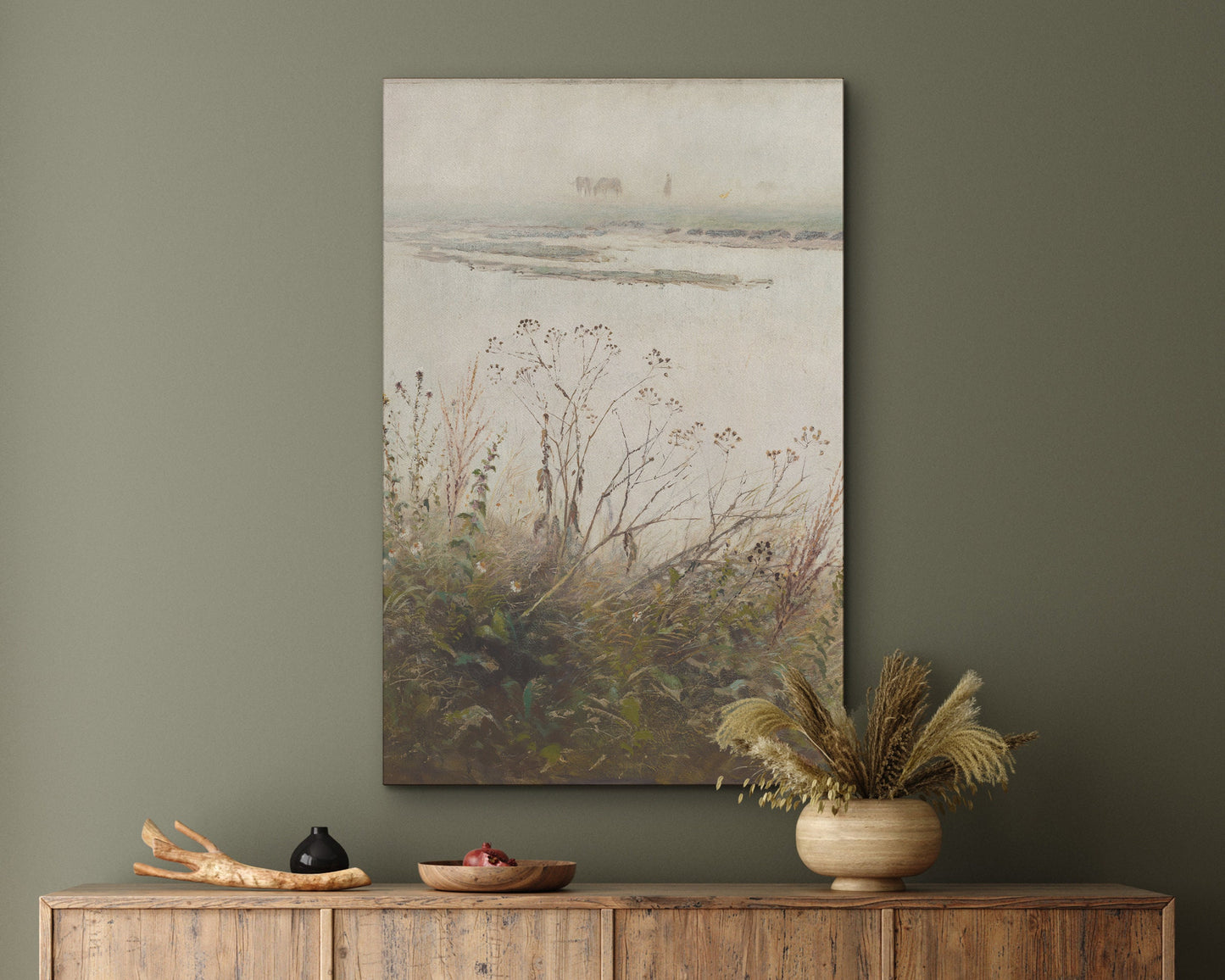 Vintage Botanical Oil Painting, Neutral Landscape Framed Canvas Print, Floral Seascape Painting, Antique Botanical Print, Landscape Coastal