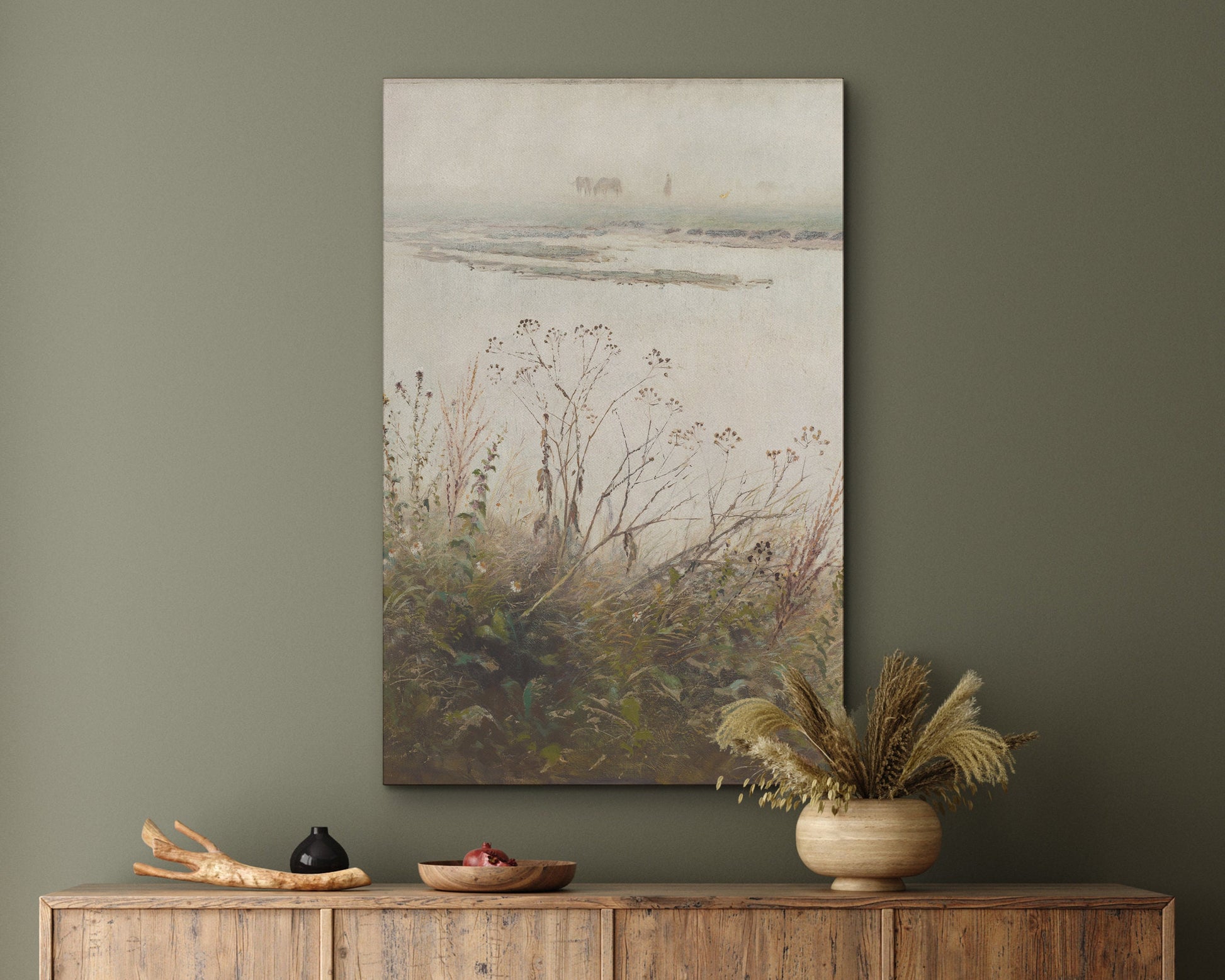 Vintage Botanical Oil Painting, Neutral Landscape Framed Canvas Print, Floral Seascape Painting, Antique Botanical Print, Landscape Coastal