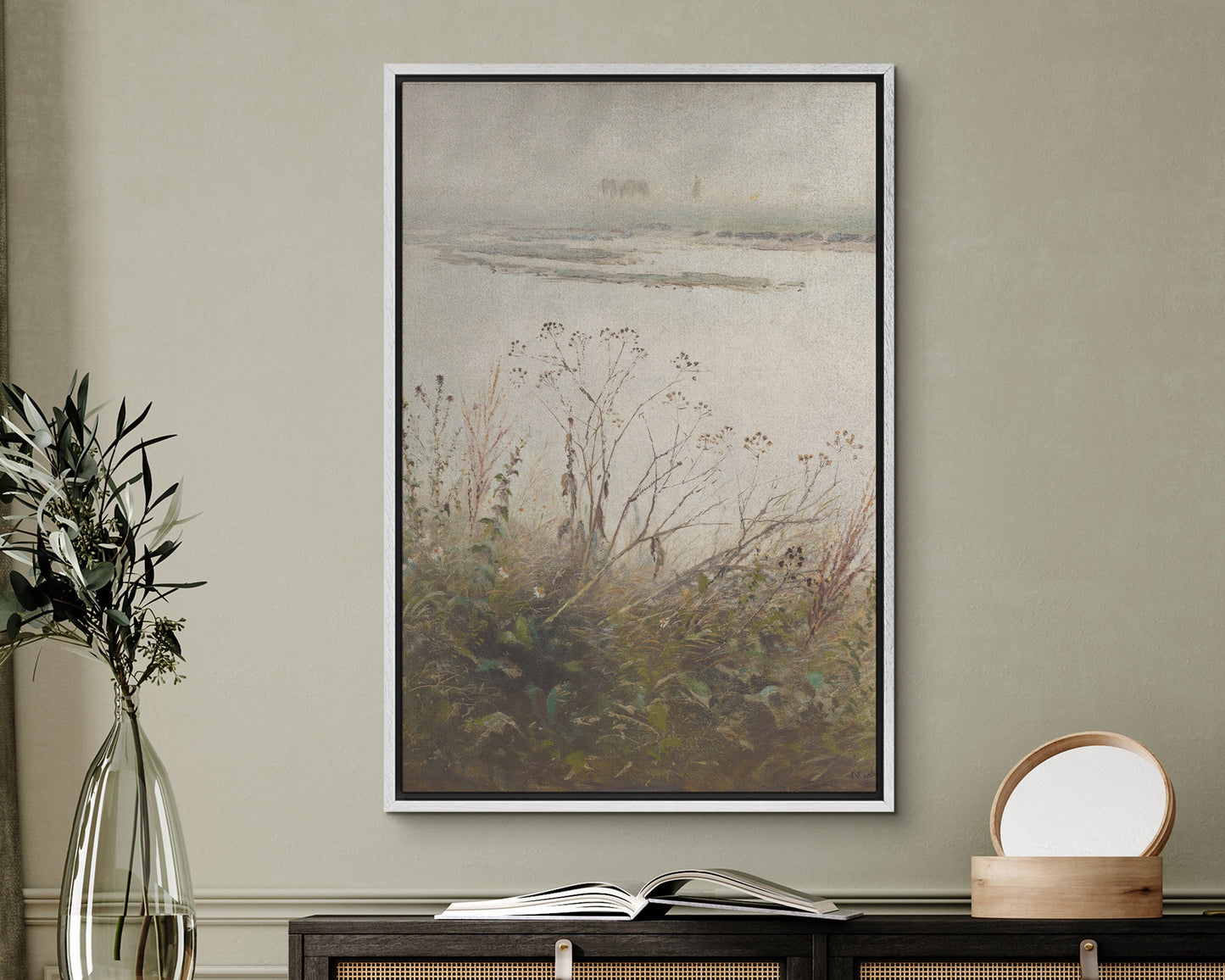 Vintage Botanical Oil Painting, Neutral Landscape Framed Canvas Print, Floral Seascape Painting, Antique Botanical Print, Landscape Coastal