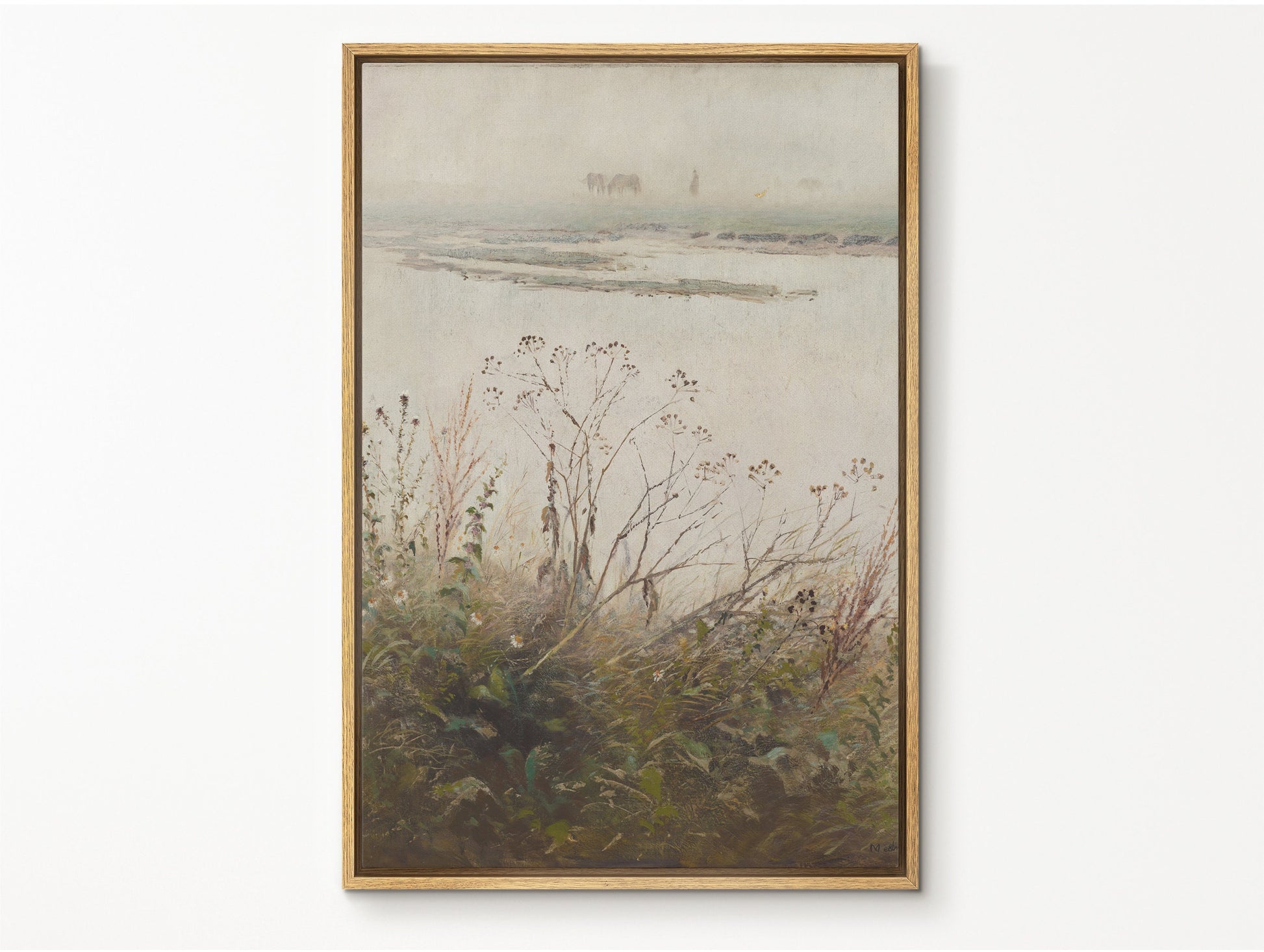 Vintage Botanical Oil Painting, Neutral Landscape Framed Canvas Print, Floral Seascape Painting, Antique Botanical Print, Landscape Coastal