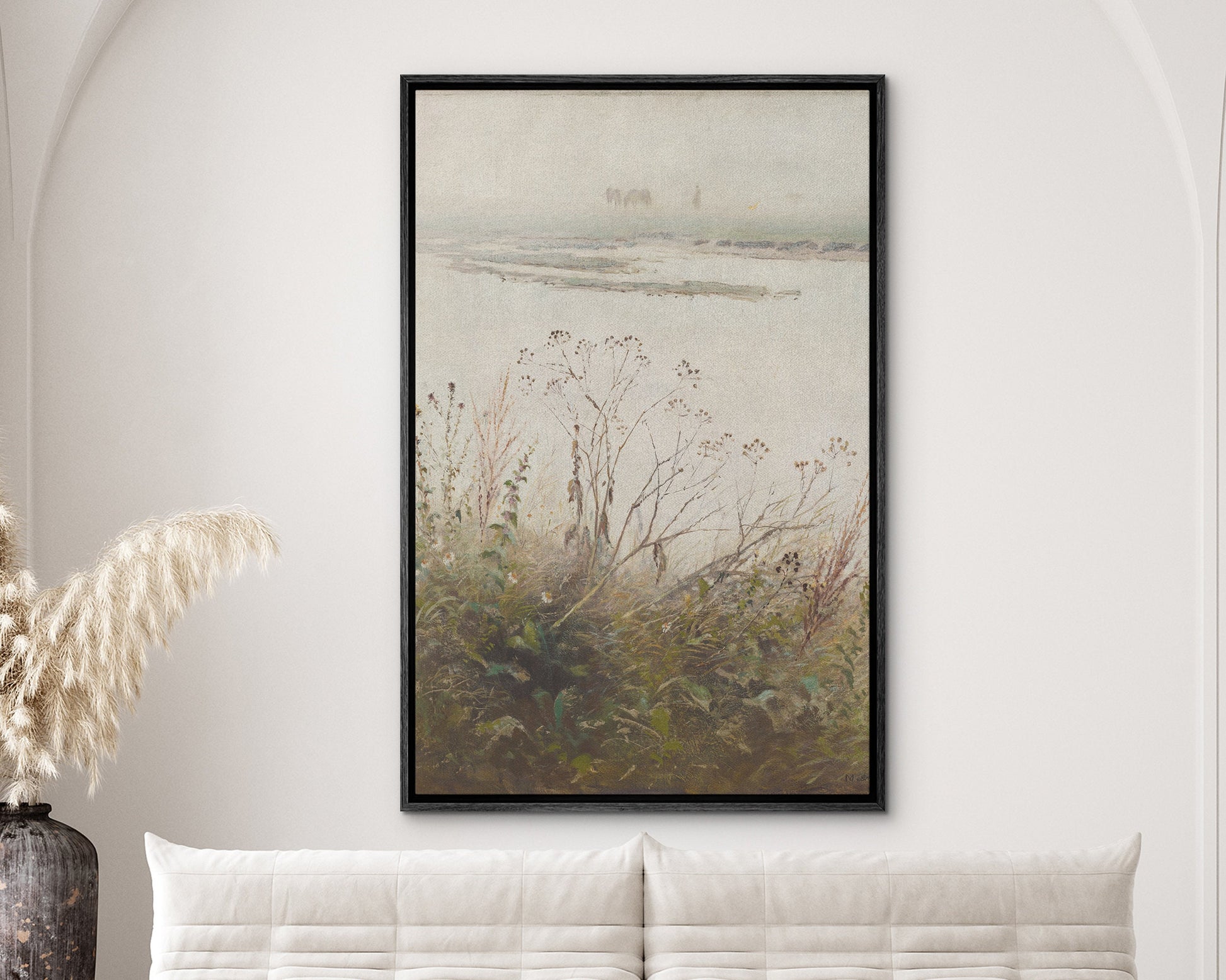 Vintage Botanical Oil Painting, Neutral Landscape Framed Canvas Print, Floral Seascape Painting, Antique Botanical Print, Landscape Coastal