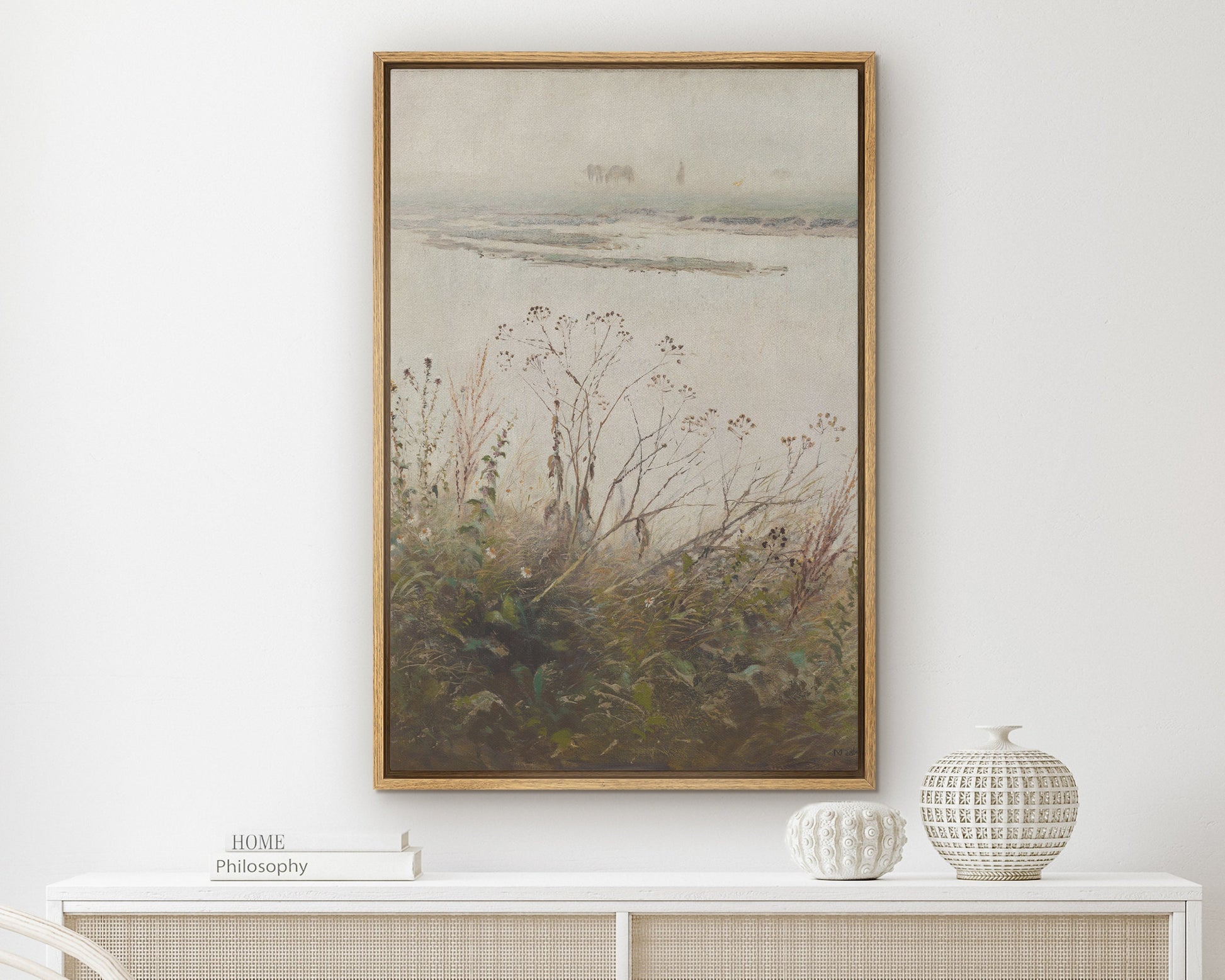 Vintage Botanical Oil Painting, Neutral Landscape Framed Canvas Print, Floral Seascape Painting, Antique Botanical Print, Landscape Coastal