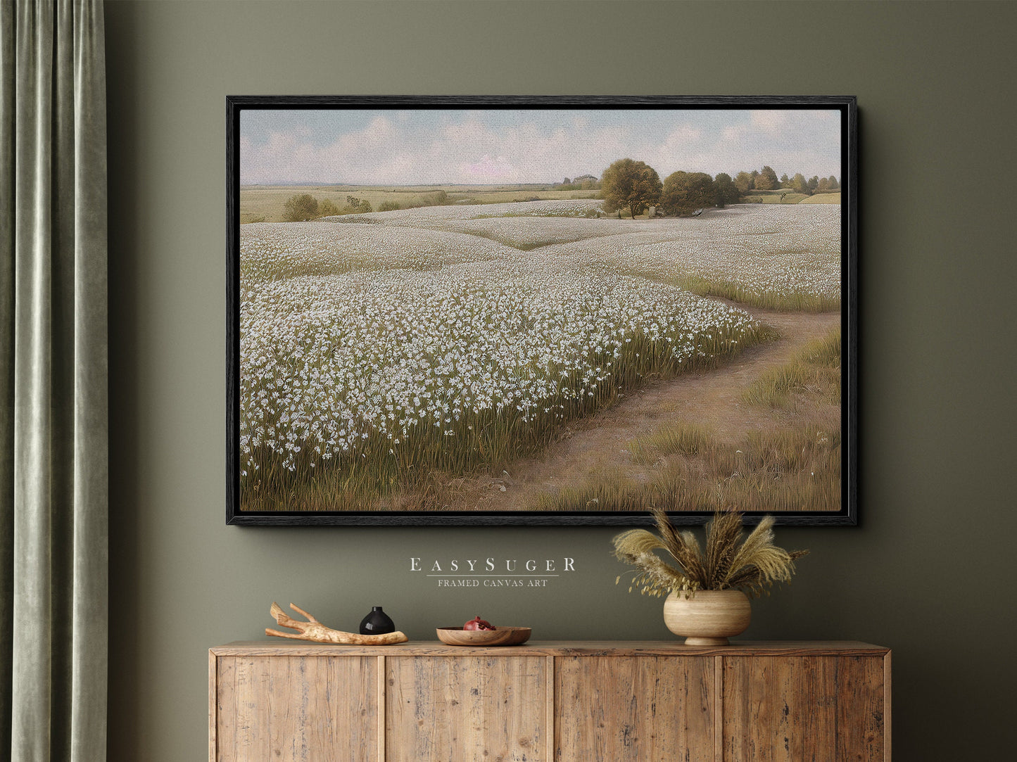 EasySuger White Flower Field oil Painting Landscape Wall Art, Nature Framed Large canvas print Ready to Hang (with hanging kit)-std23