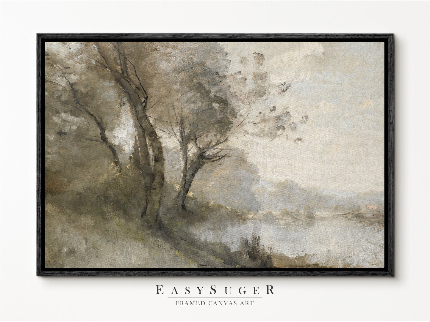 EasySuger Muted Green Landscape Art Print | Riverside Painting Large Framed Canvas | Minimalist Art Ready to Hang | LS55