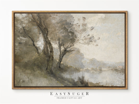 EasySuger Muted Green Landscape Art Print | Riverside Painting Large Framed Canvas | Minimalist Art Ready to Hang | LS55