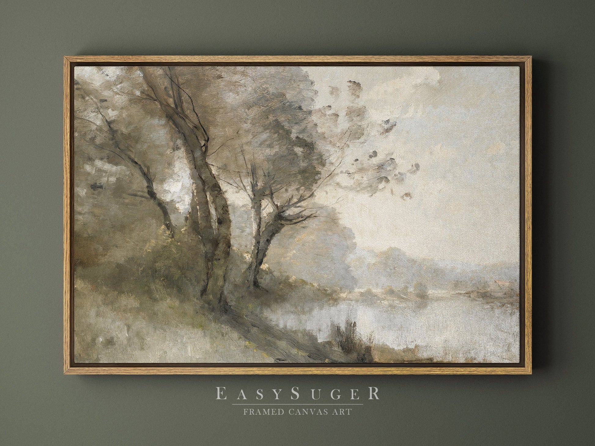 EasySuger Muted Green Landscape Art Print | Riverside Painting Large Framed Canvas | Minimalist Art Ready to Hang | LS55