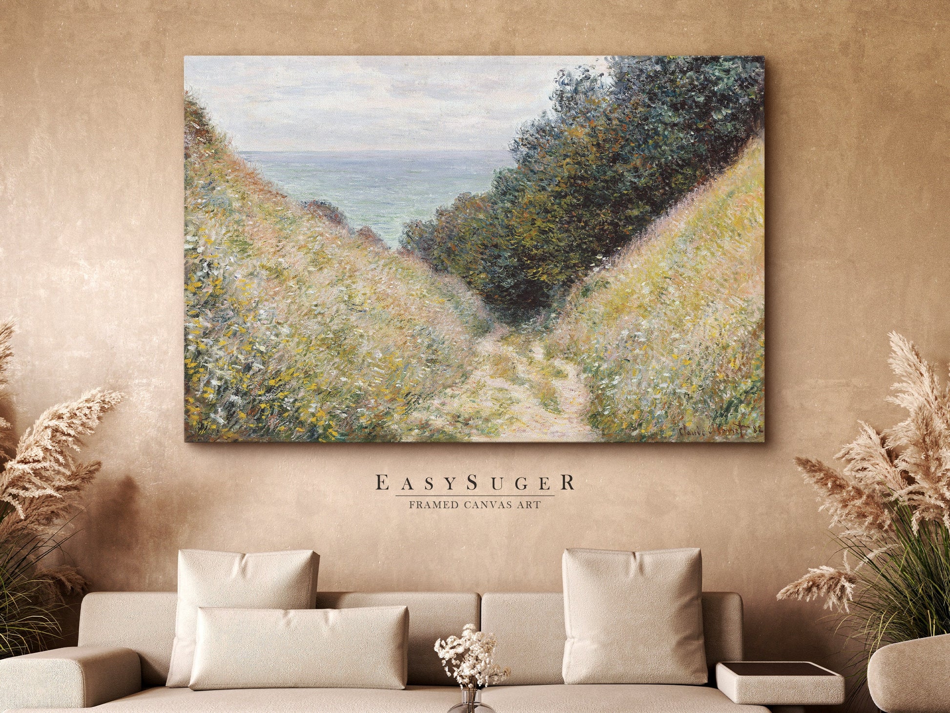 EasySuger Claude Monet Wall Art | Road at La Cavée Pourville 1882 | Framed Canvas Wall Art with hanging kit