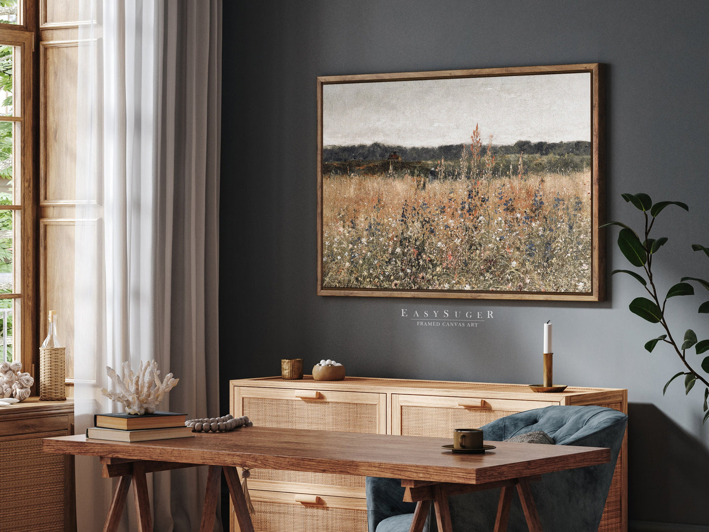 EasySuger Wildflower Field Landscape Oil Painting Framed Canvas Print | with hanging kit | VT50