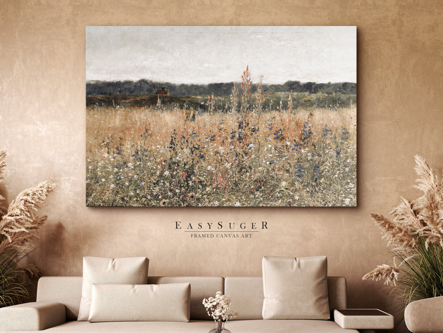 EasySuger Wildflower Field Landscape Oil Painting Framed Canvas Print | with hanging kit | VT50