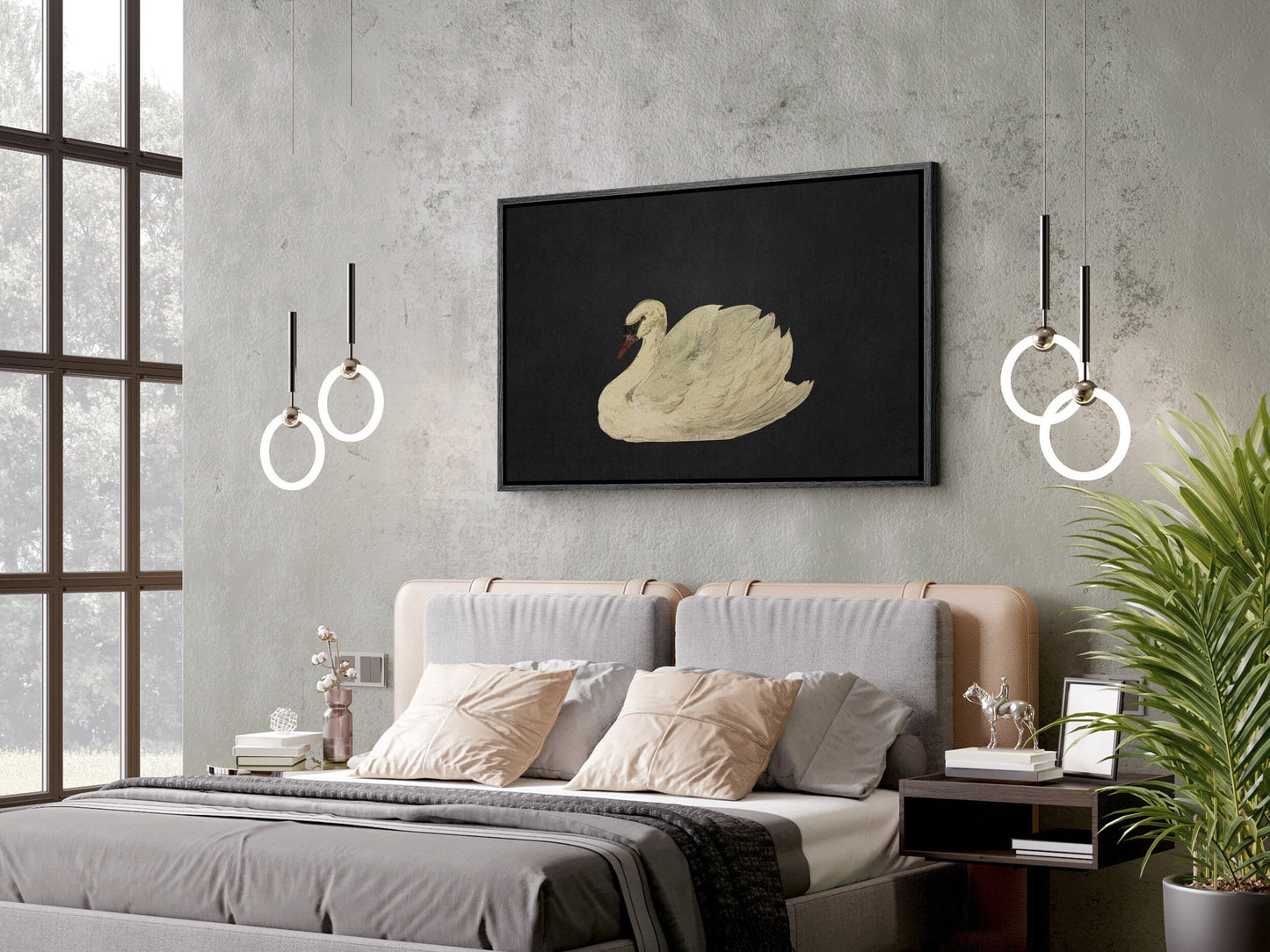 Vintage Swan in Black Art Framed Canvas Print | Large Framed Canvas Print with hanging kit