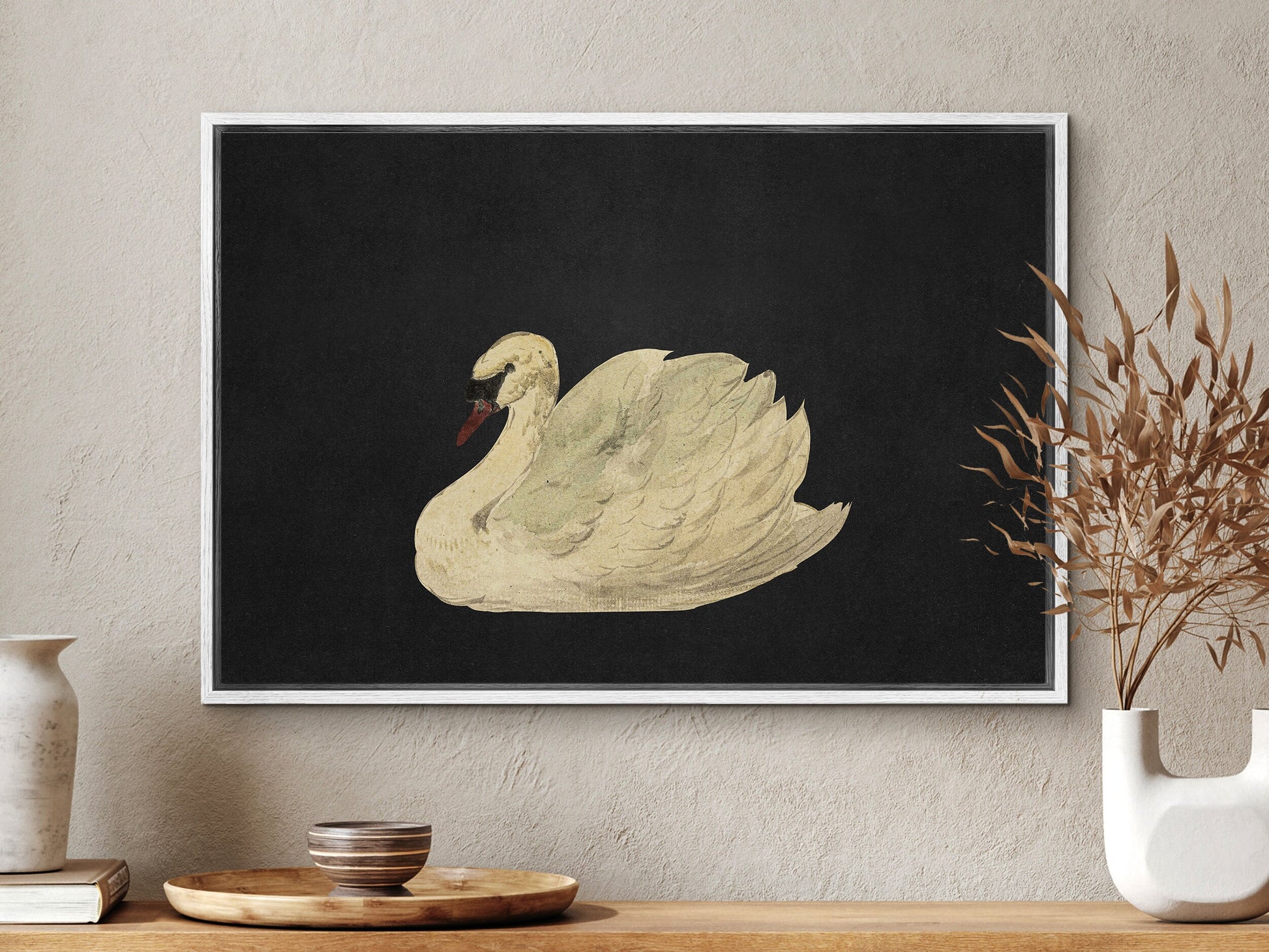 Vintage Swan in Black Art Framed Canvas Print | Large Framed Canvas Print with hanging kit