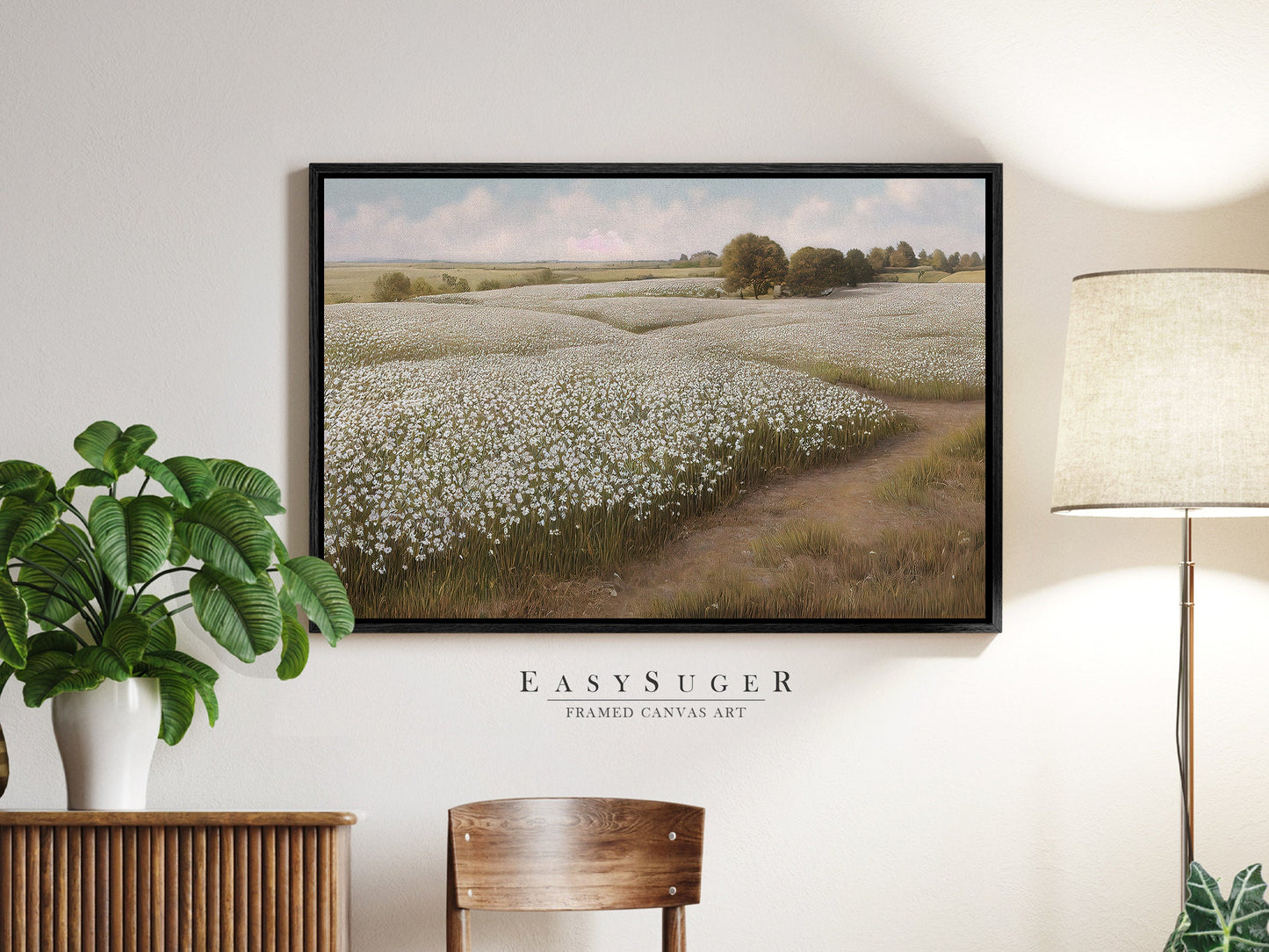 EasySuger White Flower Field oil Painting Landscape Wall Art, Nature Framed Large canvas print Ready to Hang (with hanging kit)-std23