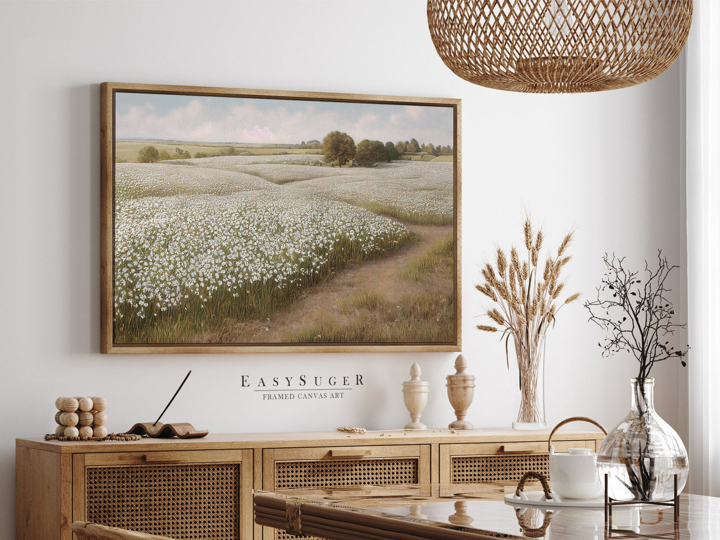 EasySuger White Flower Field oil Painting Landscape Wall Art, Nature Framed Large canvas print Ready to Hang (with hanging kit)-std23