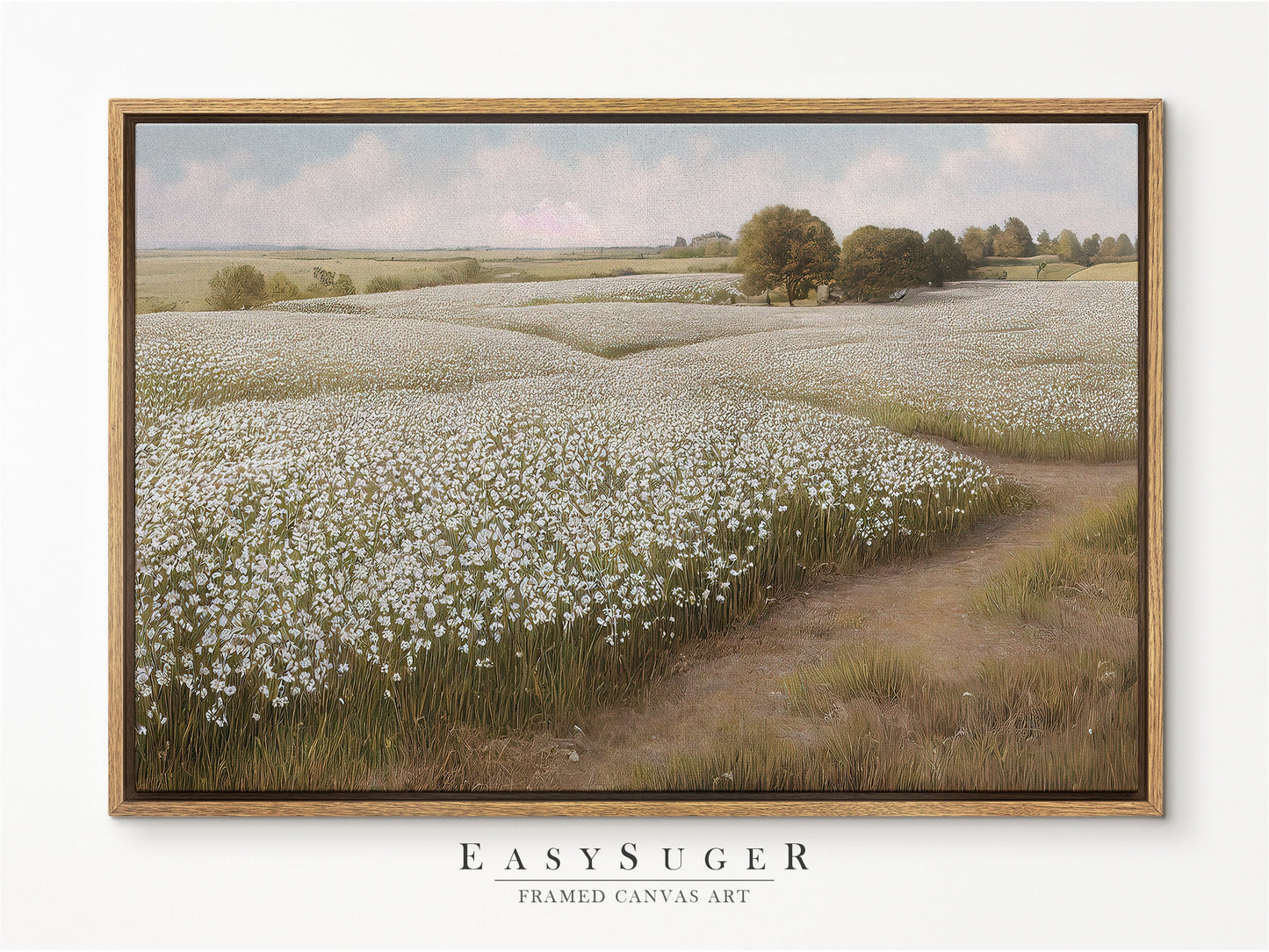 EasySuger White Flower Field oil Painting Landscape Wall Art, Nature Framed Large canvas print Ready to Hang (with hanging kit)-std23