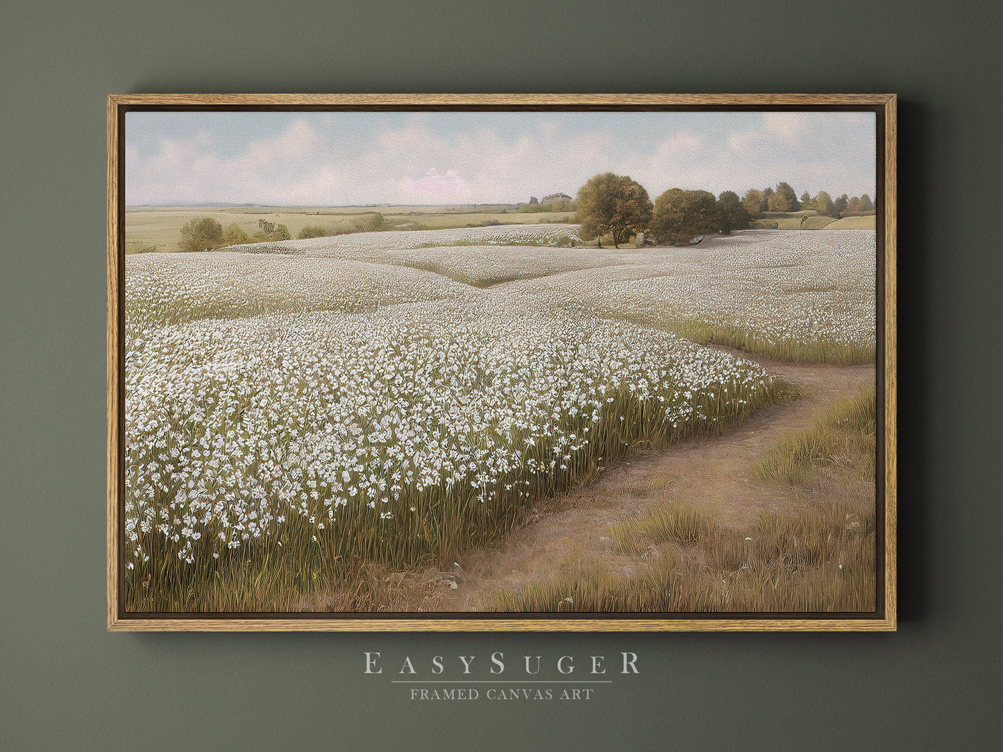 EasySuger White Flower Field oil Painting Landscape Wall Art, Nature Framed Large canvas print Ready to Hang (with hanging kit)-std23