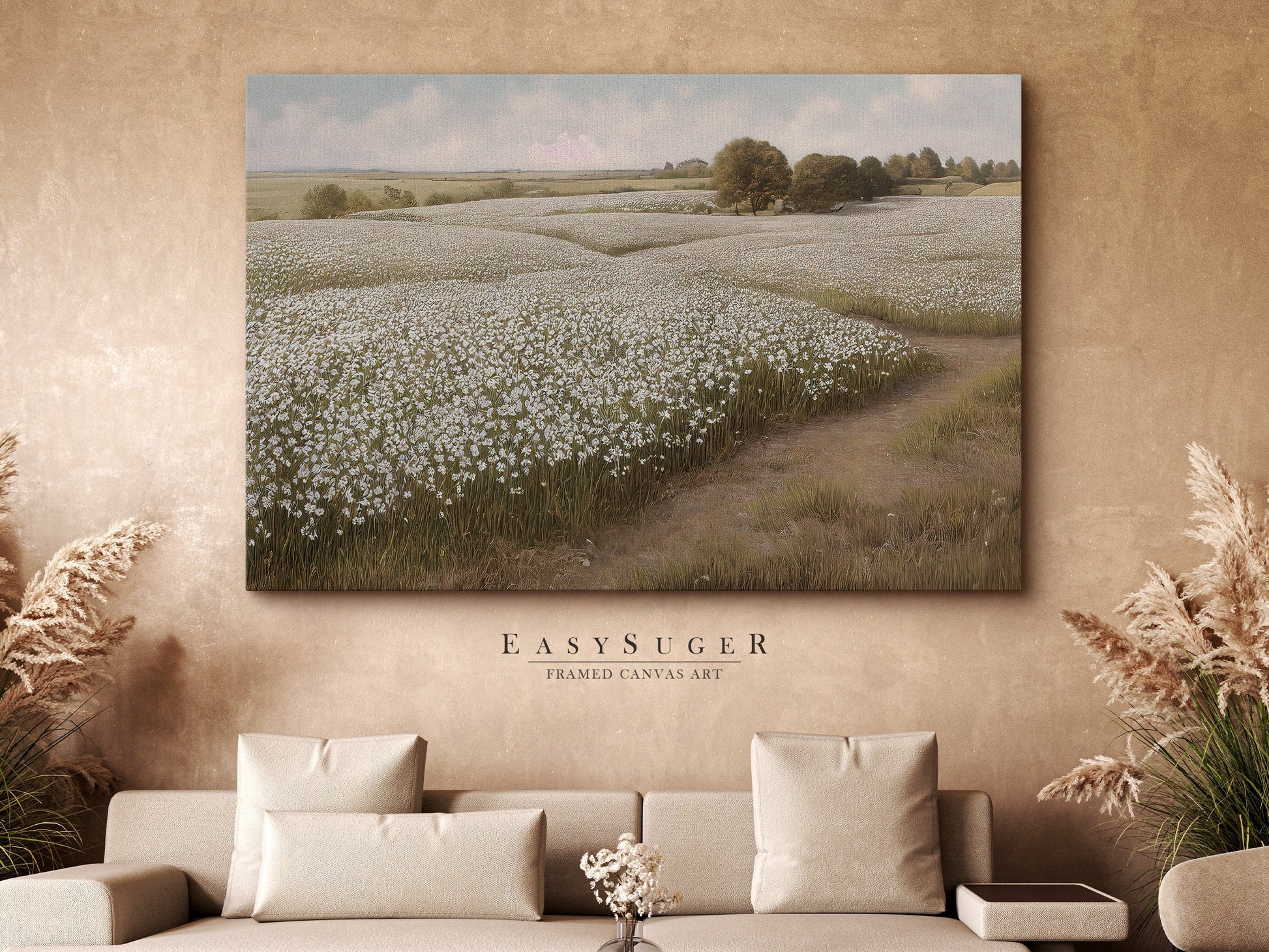 EasySuger White Flower Field oil Painting Landscape Wall Art, Nature Framed Large canvas print Ready to Hang (with hanging kit)-std23