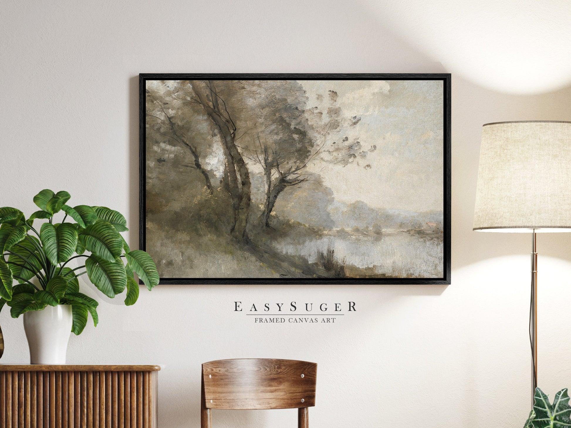 EasySuger Muted Green Landscape Art Print | Riverside Painting Large Framed Canvas | Minimalist Art Ready to Hang | LS55