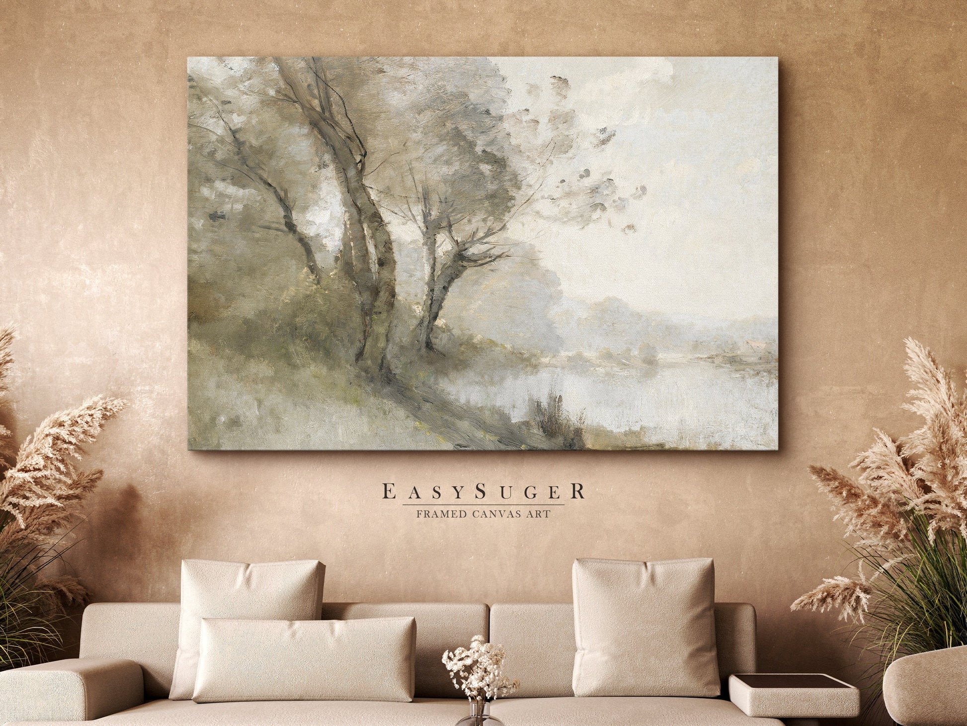 EasySuger Muted Green Landscape Art Print | Riverside Painting Large Framed Canvas | Minimalist Art Ready to Hang | LS55