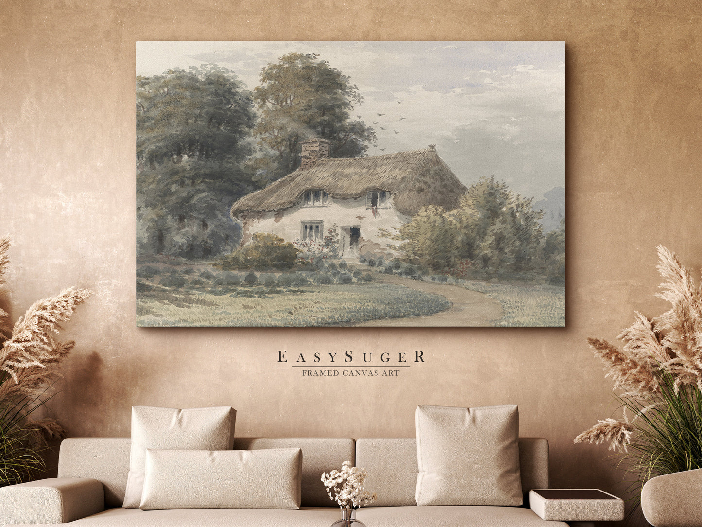 EasySuger Watercolor Farmers House Framed Canvas Art, Nature Framed Large Gallery Art, Minimalist Art Ready to Hang (with hanging kit)