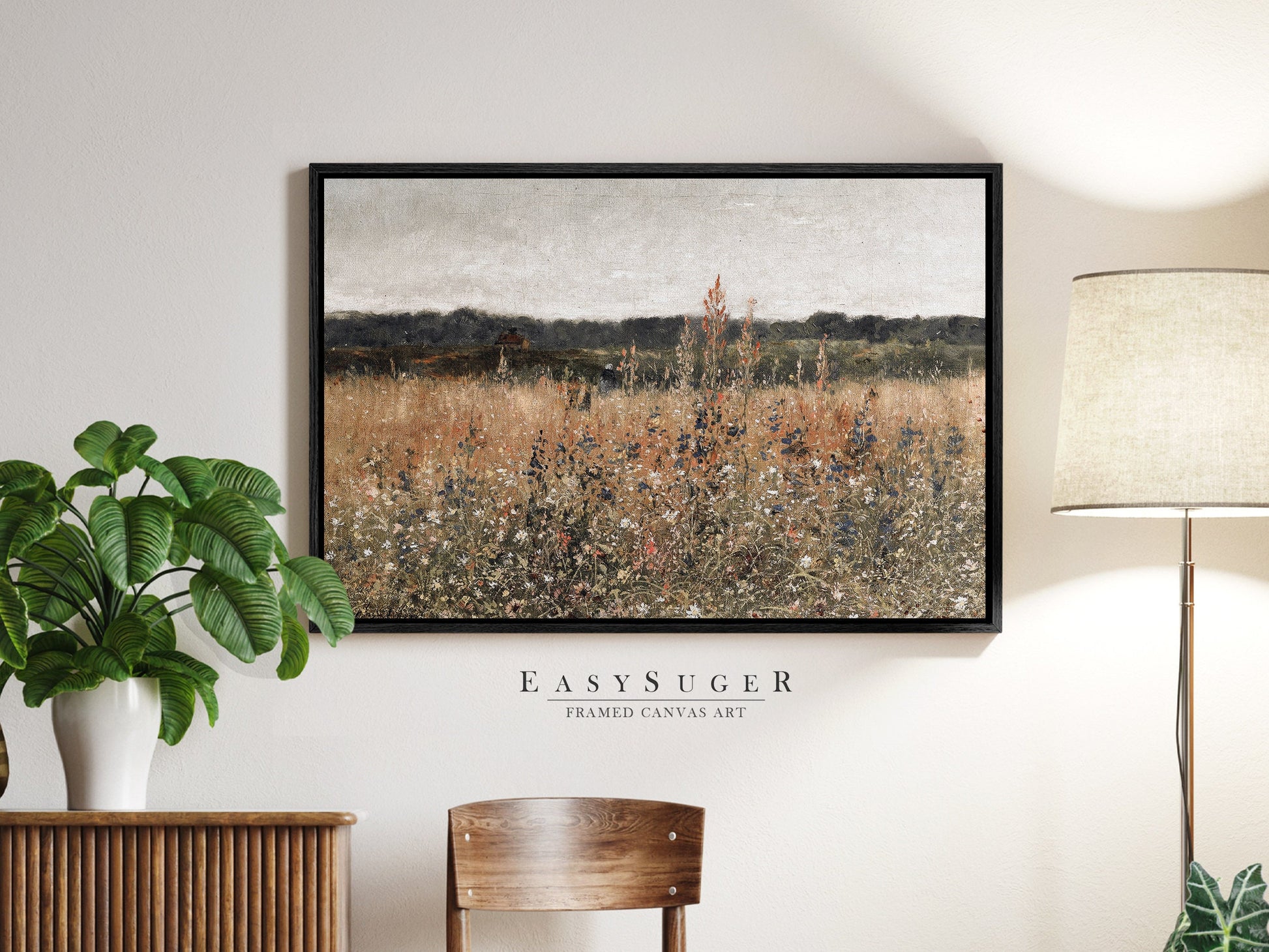 EasySuger Wildflower Field Landscape Oil Painting Framed Canvas Print | with hanging kit | VT50