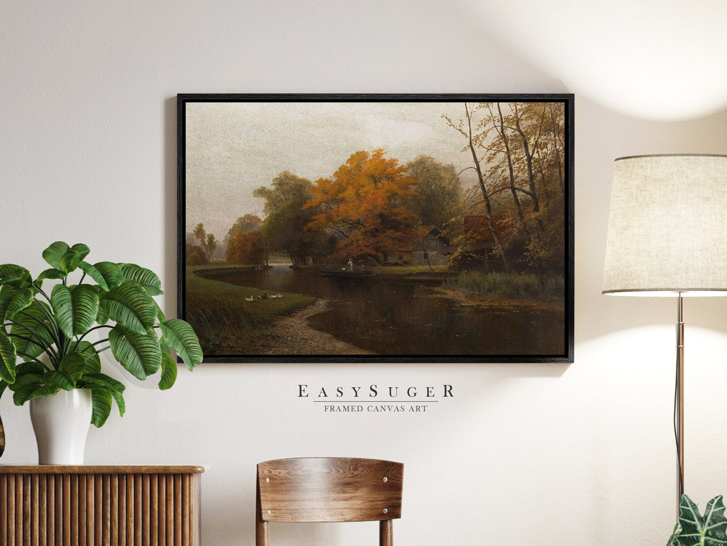 EasySuger Autumn by the River Framed Canvas Art, Nature Framed Large Gallery Art, Minimalist Art Ready to Hang (with hanging kit) VT-38