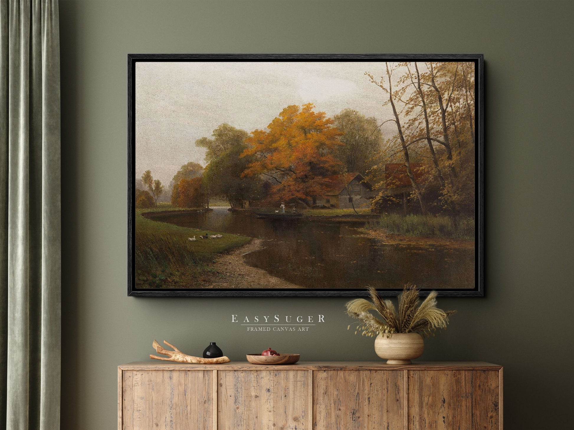 EasySuger Autumn by the River Framed Canvas Art, Nature Framed Large Gallery Art, Minimalist Art Ready to Hang (with hanging kit) VT-38