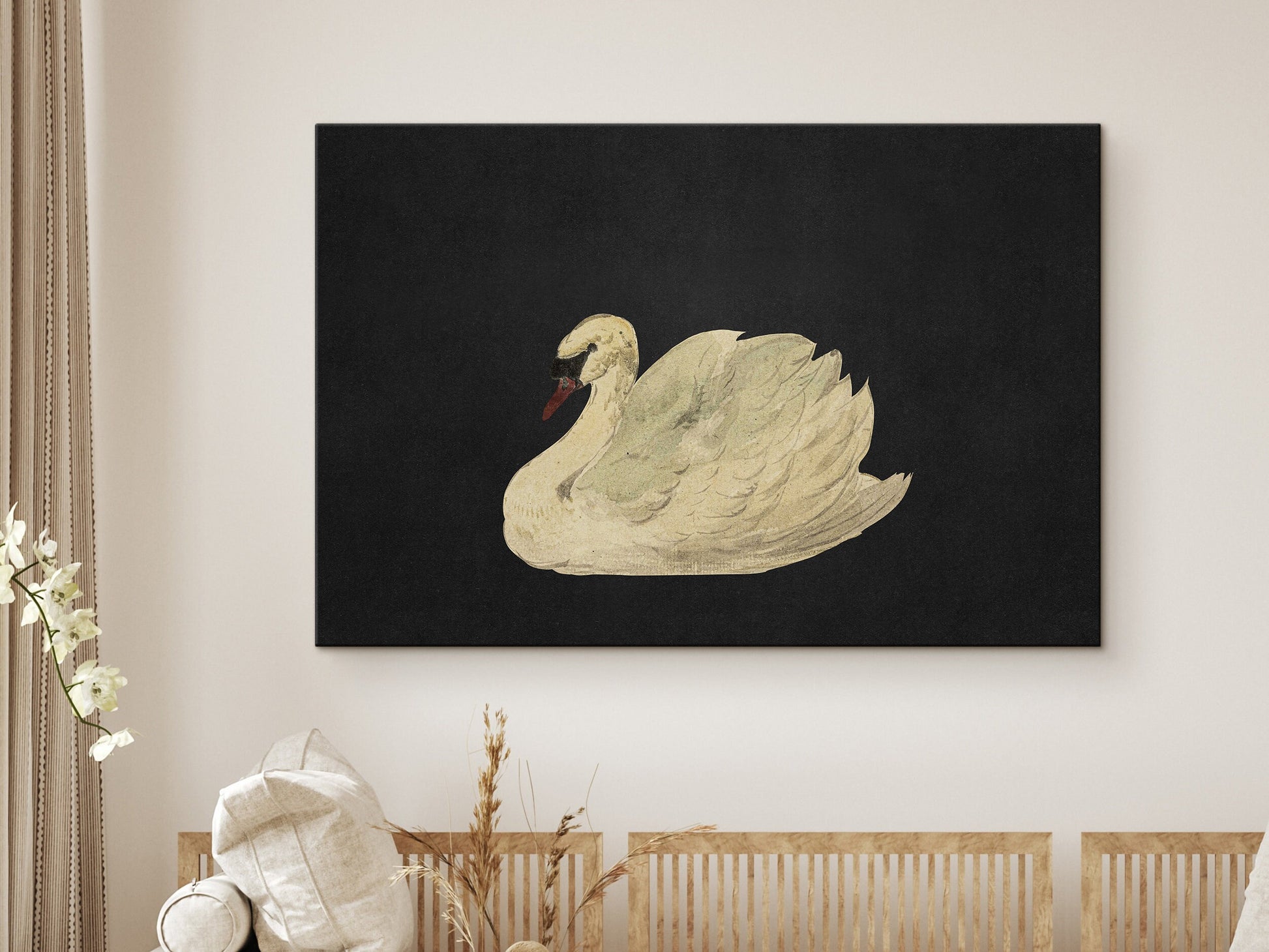 Vintage Swan in Black Art Framed Canvas Print | Large Framed Canvas Print with hanging kit