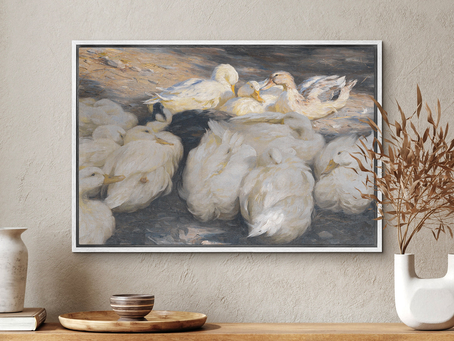 Ducks in the evening sun | Large Framed Canvas Print with hanging kit