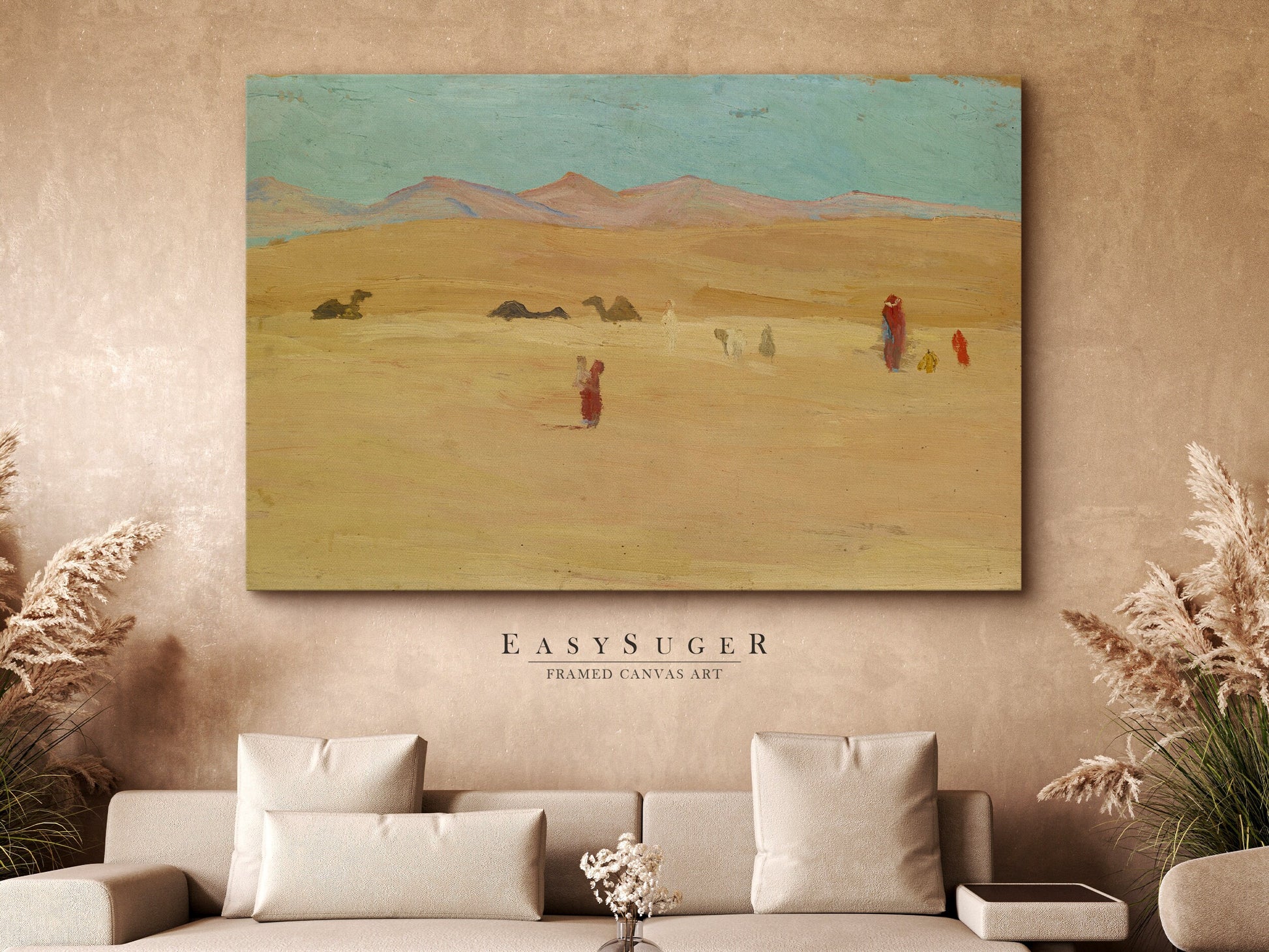 EasySuger Oil Painting Desert with Camel Wall Art, Nature Framed Large Gallery Art, Minimalist Art Ready to Hang (with hanging kit)