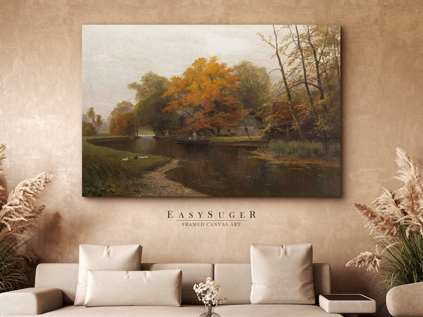 EasySuger Autumn by the River Framed Canvas Art, Nature Framed Large Gallery Art, Minimalist Art Ready to Hang (with hanging kit) VT-38