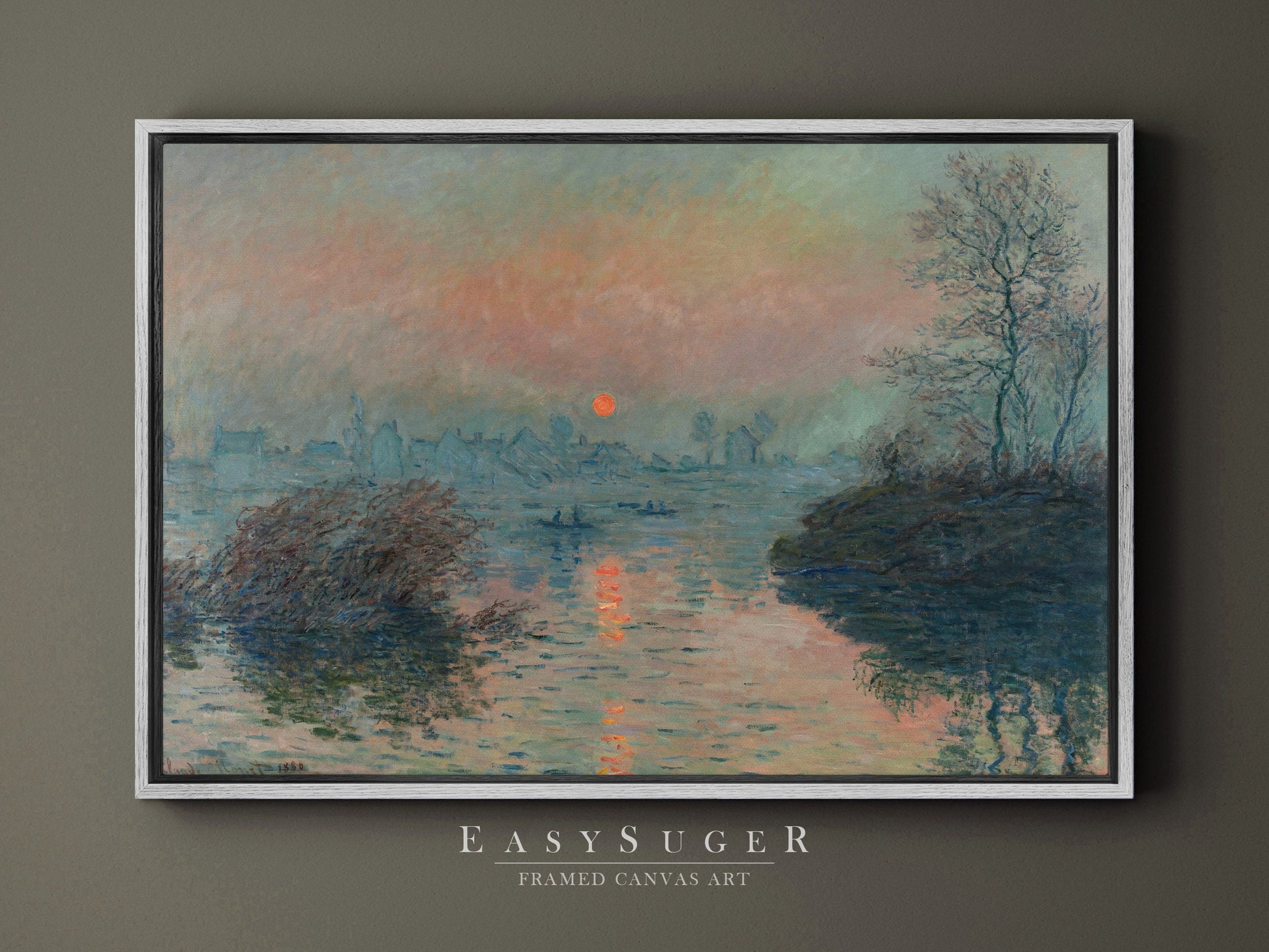 EasySuger Claude Monet Soleil couchant sur la Seine à Lavacourt, effet d’hiver (1880) | Framed Canvas Wall Art with hanging kit