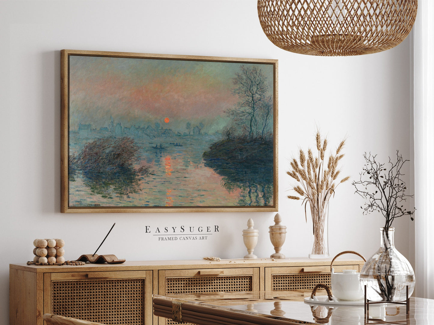 EasySuger Claude Monet Soleil couchant sur la Seine à Lavacourt, effet d’hiver (1880) | Framed Canvas Wall Art with hanging kit