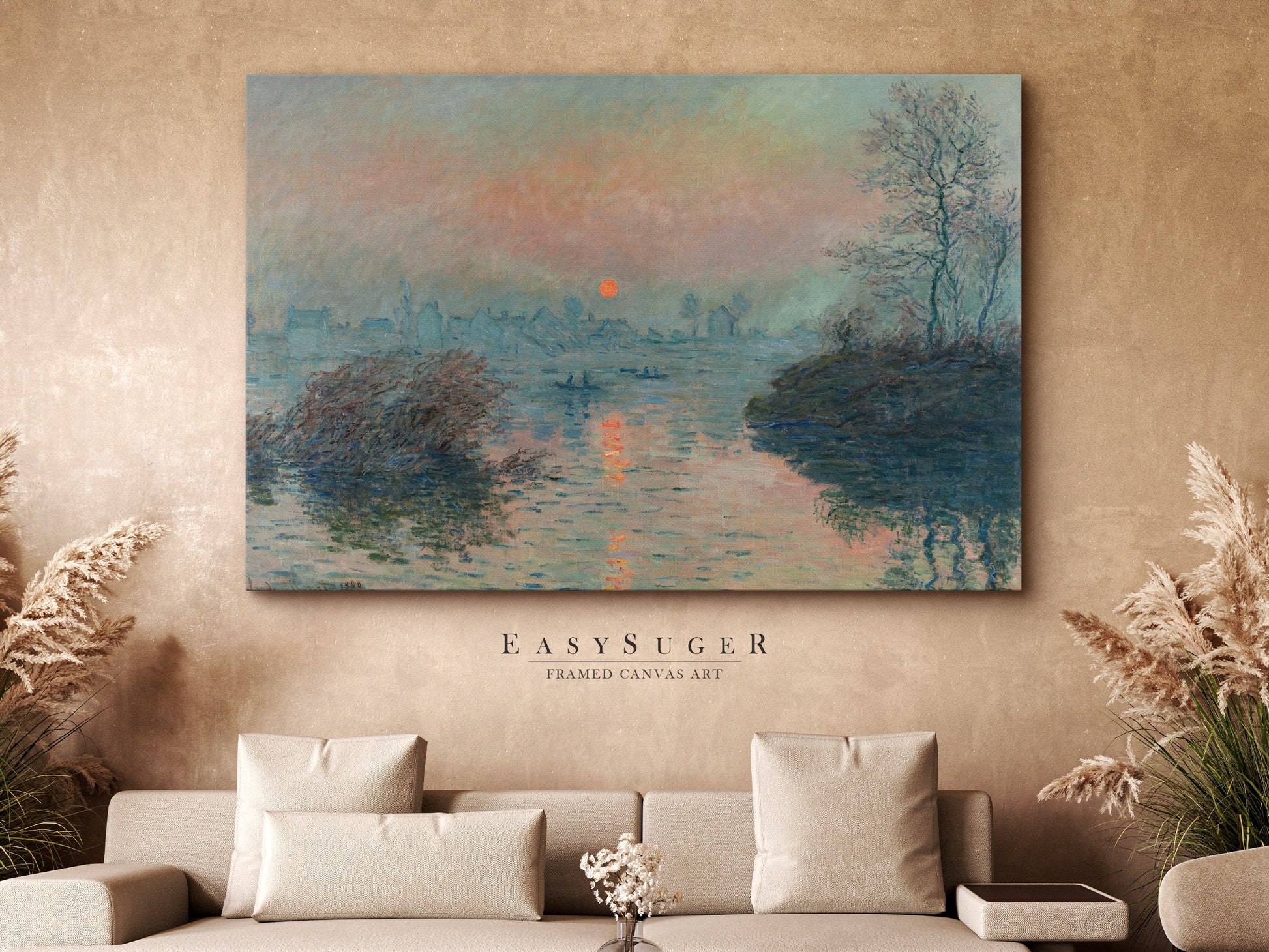 EasySuger Claude Monet Soleil couchant sur la Seine à Lavacourt, effet d’hiver (1880) | Framed Canvas Wall Art with hanging kit