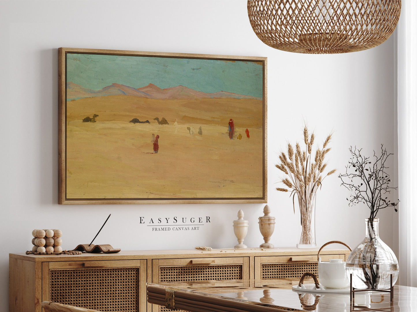 EasySuger Oil Painting Desert with Camel Wall Art, Nature Framed Large Gallery Art, Minimalist Art Ready to Hang (with hanging kit)