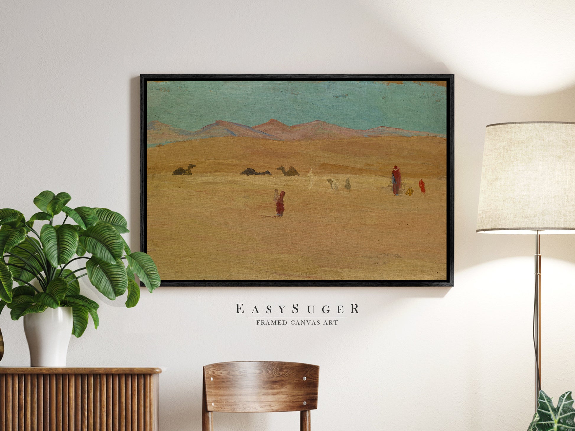 EasySuger Oil Painting Desert with Camel Wall Art, Nature Framed Large Gallery Art, Minimalist Art Ready to Hang (with hanging kit)