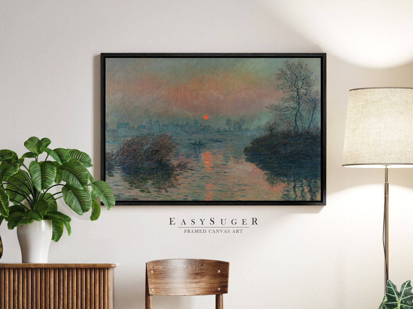 EasySuger Claude Monet Soleil couchant sur la Seine à Lavacourt, effet d’hiver (1880) | Framed Canvas Wall Art with hanging kit