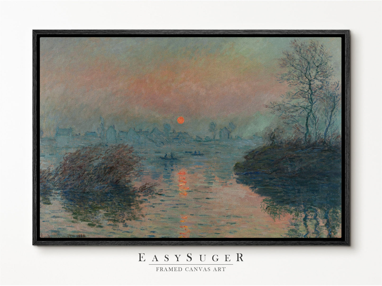 EasySuger Claude Monet Soleil couchant sur la Seine à Lavacourt, effet d’hiver (1880) | Framed Canvas Wall Art with hanging kit