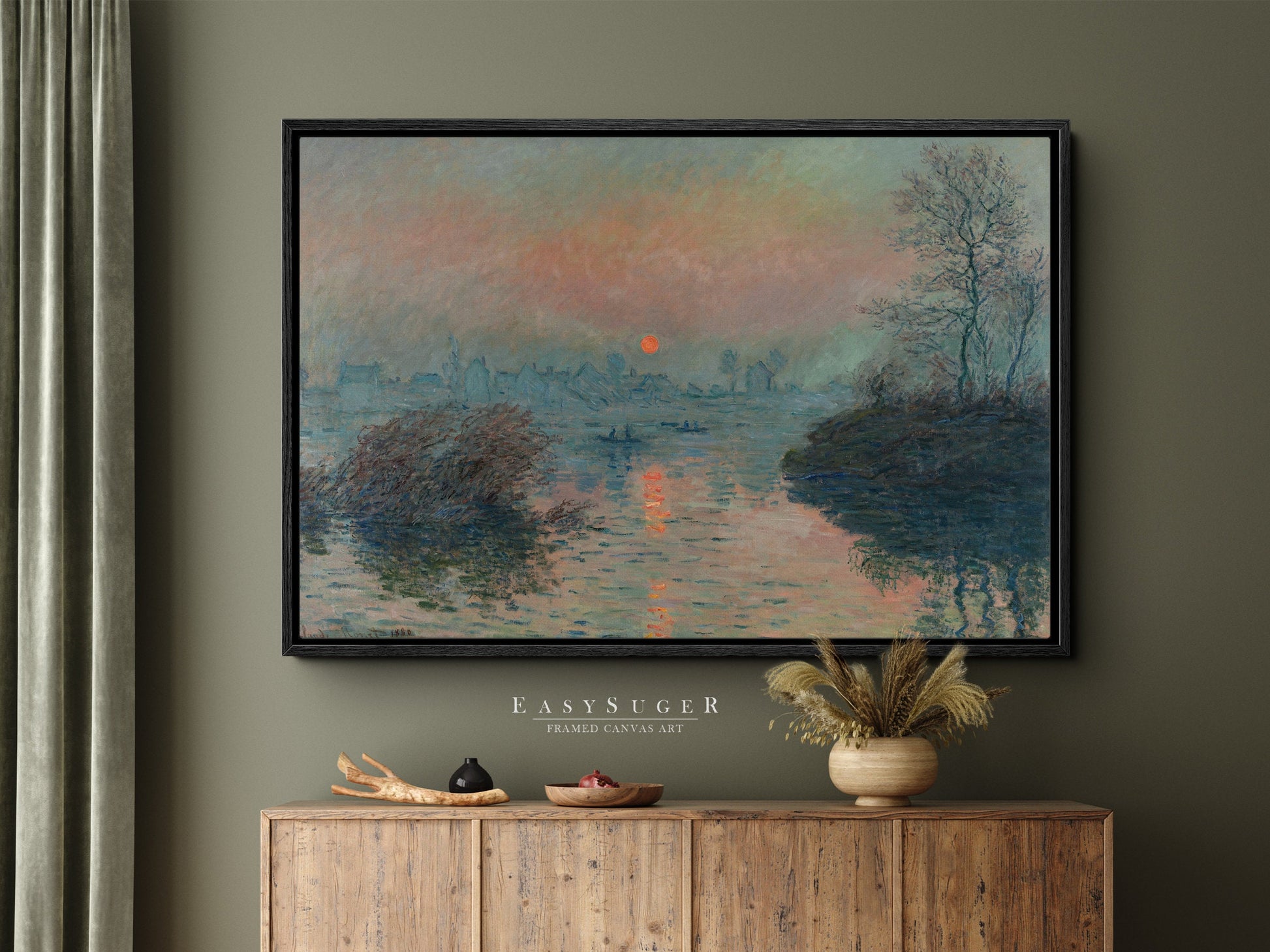 EasySuger Claude Monet Soleil couchant sur la Seine à Lavacourt, effet d’hiver (1880) | Framed Canvas Wall Art with hanging kit