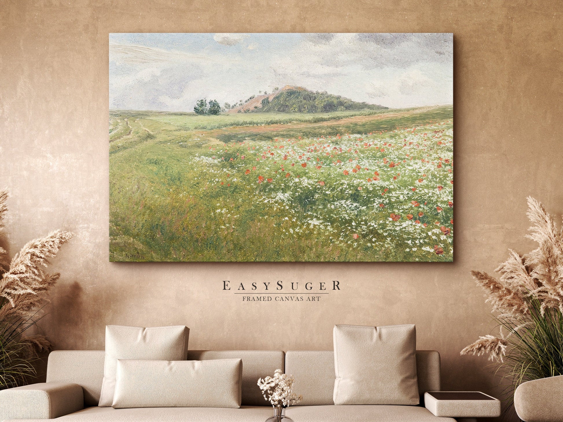 EasySuger Wildflower Field Landscape | Oil Painting Framed Canvas Print | with hanging kit