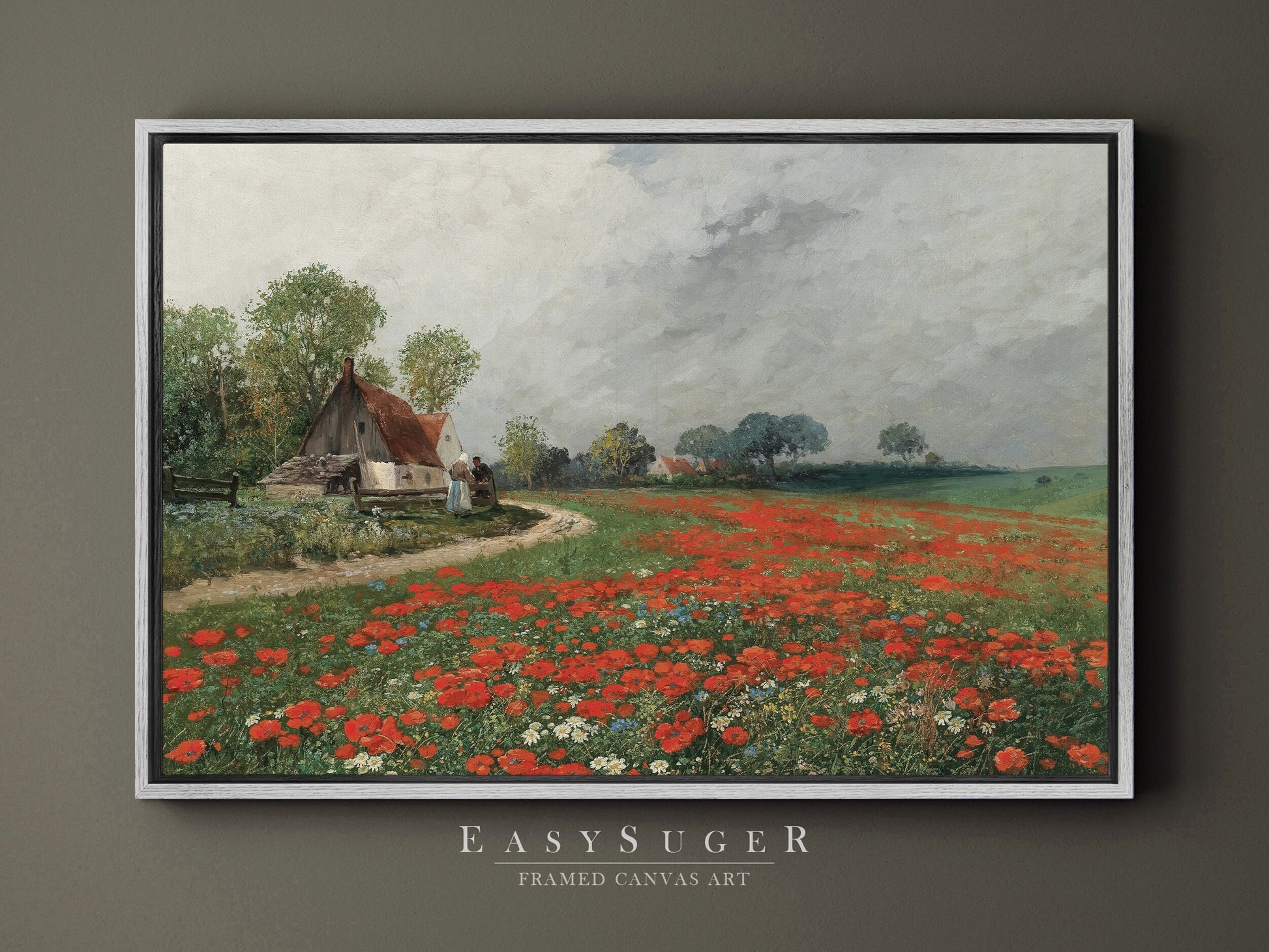 EasySuger Wildflower Field Landscape Oil Painting Framed Canvas Print | with hanging kit | WFR1