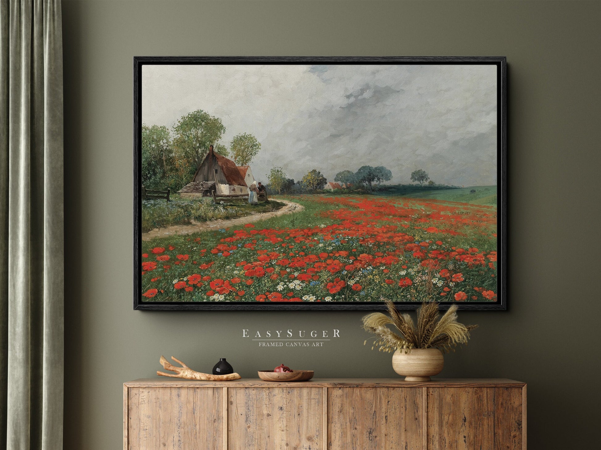 EasySuger Wildflower Field Landscape Oil Painting Framed Canvas Print | with hanging kit | WFR1