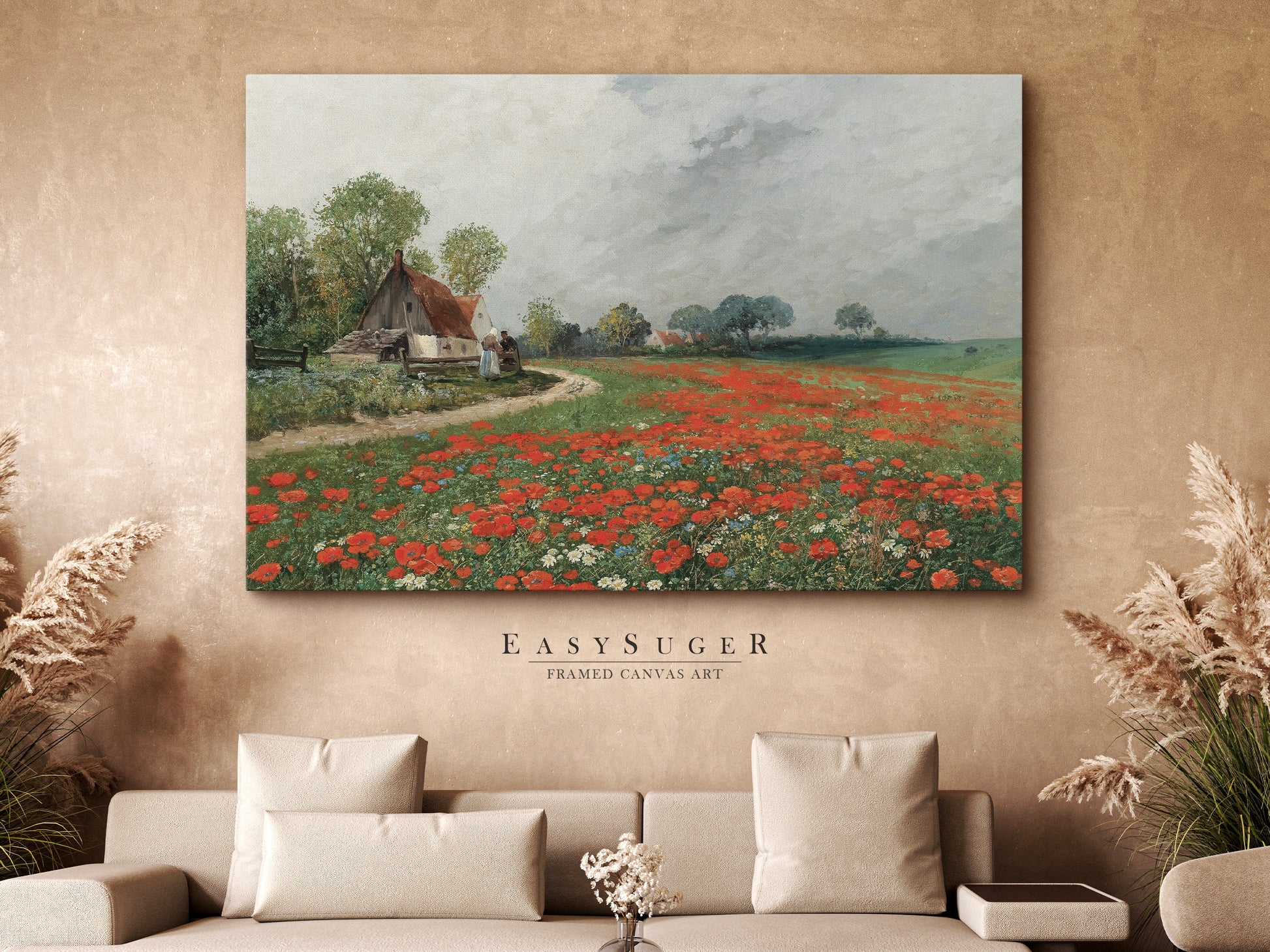 EasySuger Wildflower Field Landscape Oil Painting Framed Canvas Print | with hanging kit | WFR1