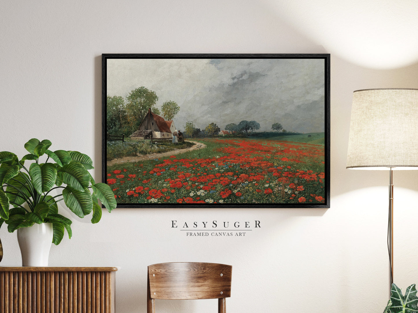 EasySuger Wildflower Field Landscape Oil Painting Framed Canvas Print | with hanging kit | WFR1