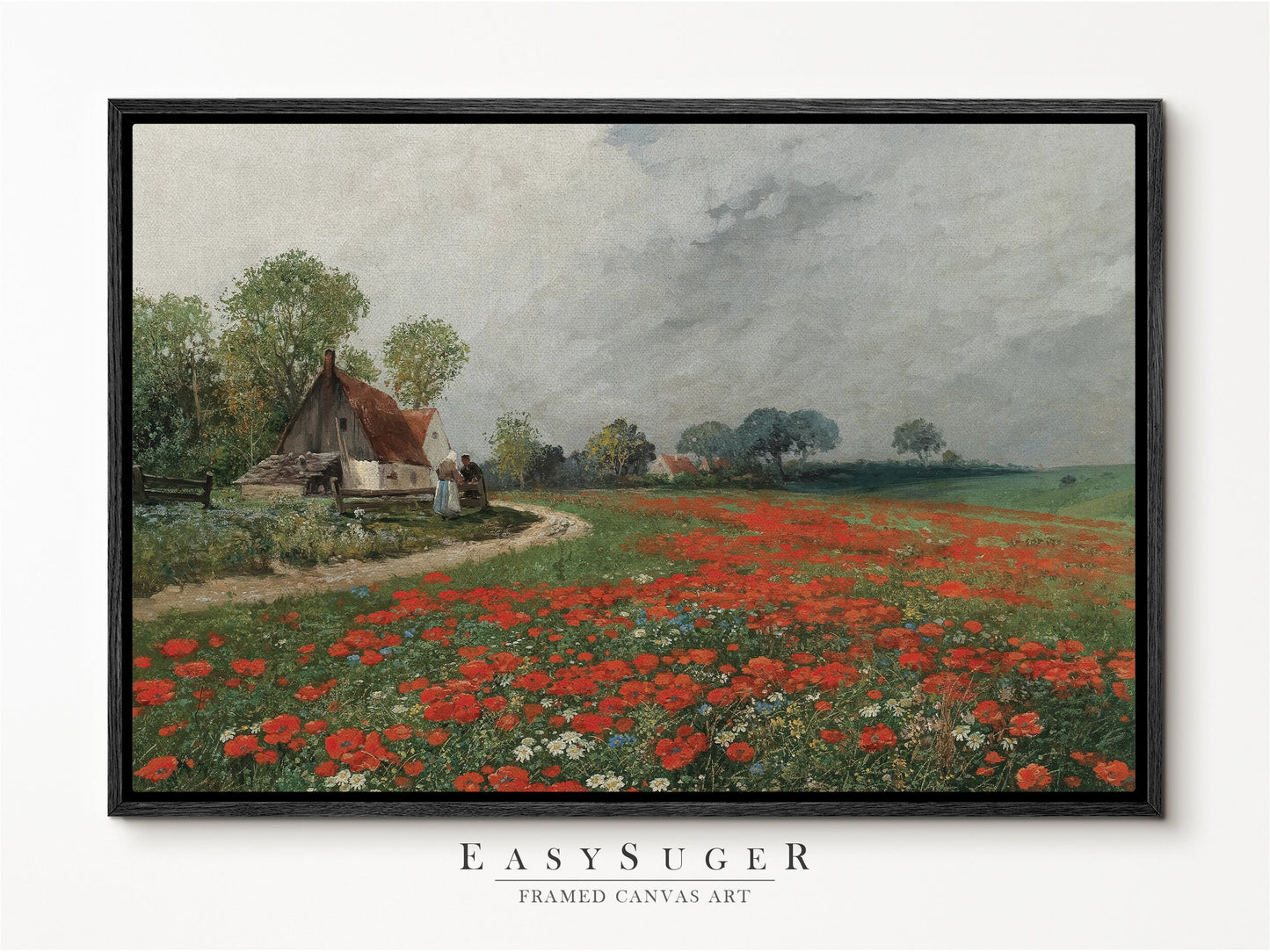 EasySuger Wildflower Field Landscape Oil Painting Framed Canvas Print | with hanging kit | WFR1