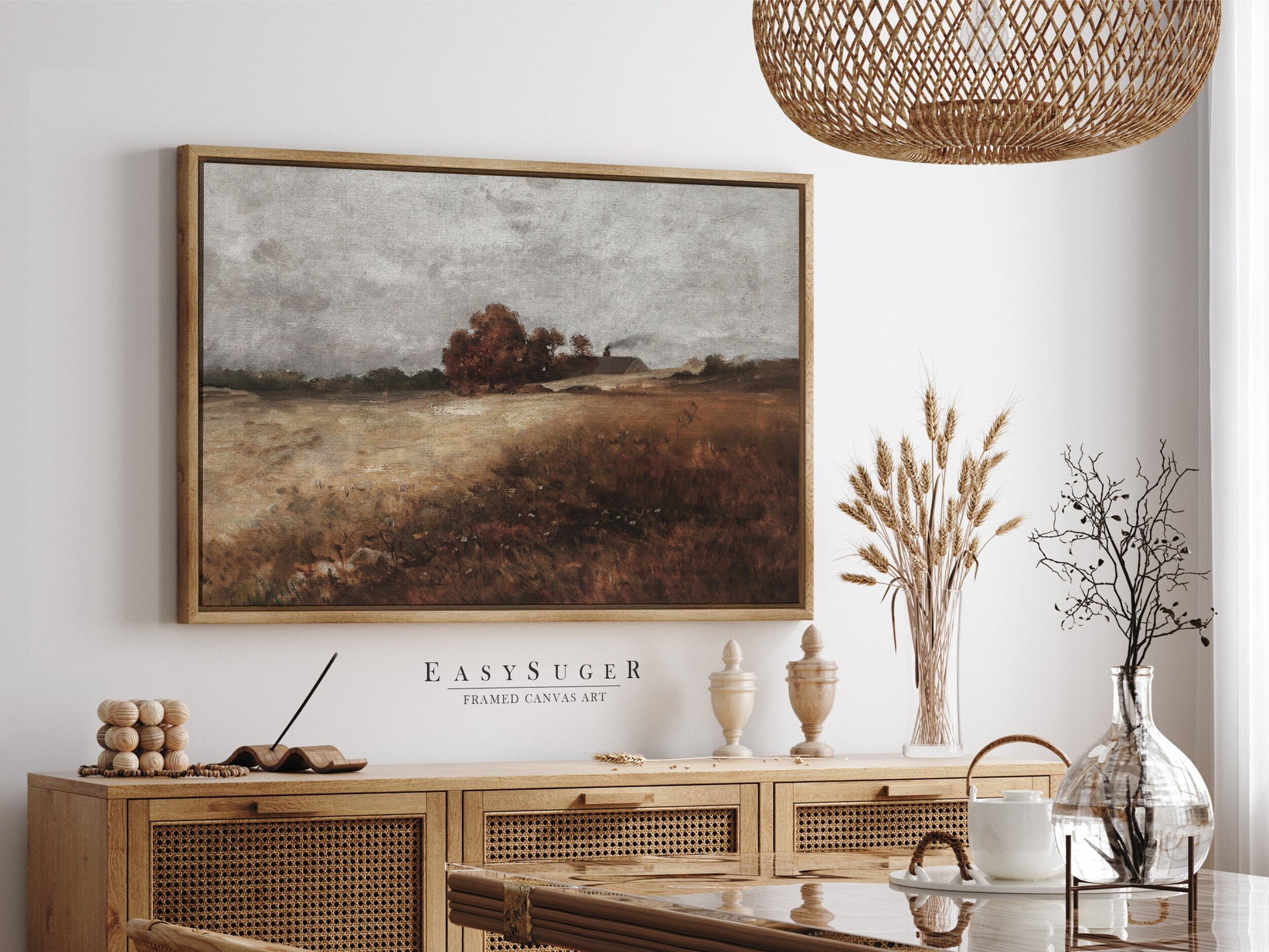 EasySuger Autumn WildField Framed Canvas Art, Nature Framed Large Gallery Art, Minimalist Art Ready to Hang with hanging kit