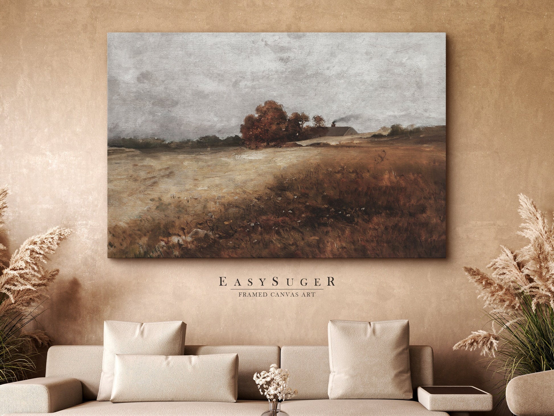 EasySuger Autumn WildField Framed Canvas Art, Nature Framed Large Gallery Art, Minimalist Art Ready to Hang with hanging kit