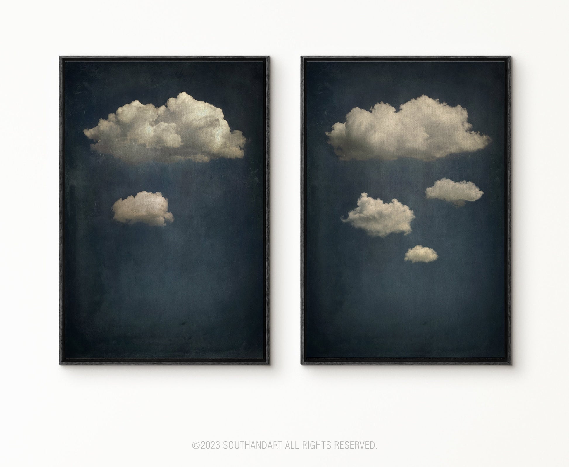 SouthandArt Vintage 3 Panel Moody Clouds Wall Art Print, Cloudy Sky Framed Large Gallery Art, Minimalist Art Ready to Hang