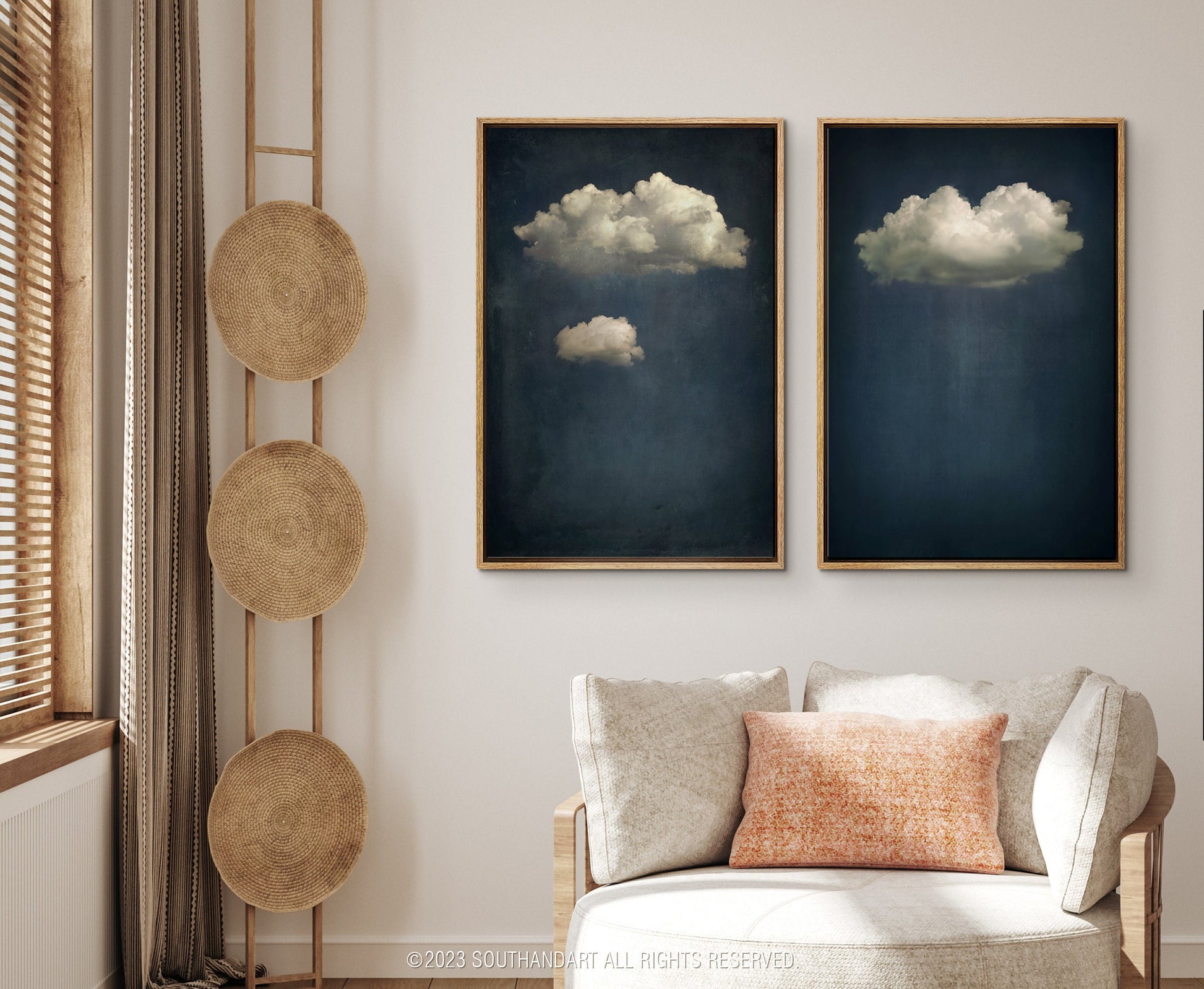 SouthandArt Vintage 3 Panel Moody Clouds Wall Art Print, Cloudy Sky Framed Large Gallery Art, Minimalist Art Ready to Hang