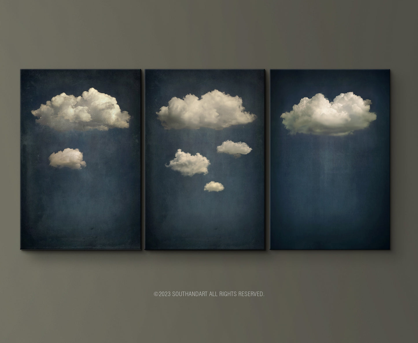 SouthandArt Vintage 3 Panel Moody Clouds Wall Art Print, Cloudy Sky Framed Large Gallery Art, Minimalist Art Ready to Hang