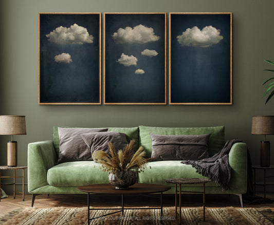 SouthandArt Vintage 3 Panel Moody Clouds Wall Art Print, Cloudy Sky Framed Large Gallery Art, Minimalist Art Ready to Hang